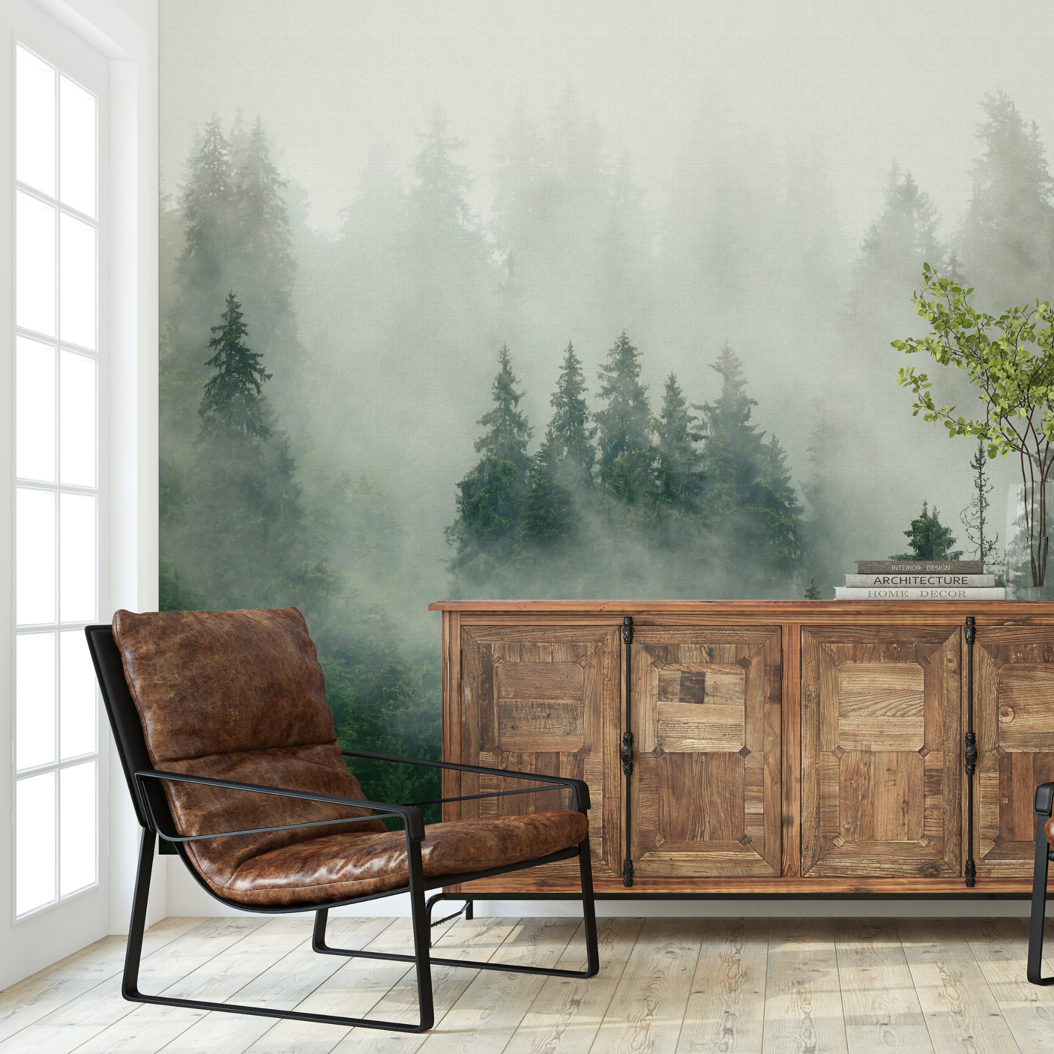 "Wall Blush Pinetop Wallpaper featured in a stylish living room setting, showcasing a serene forest design."