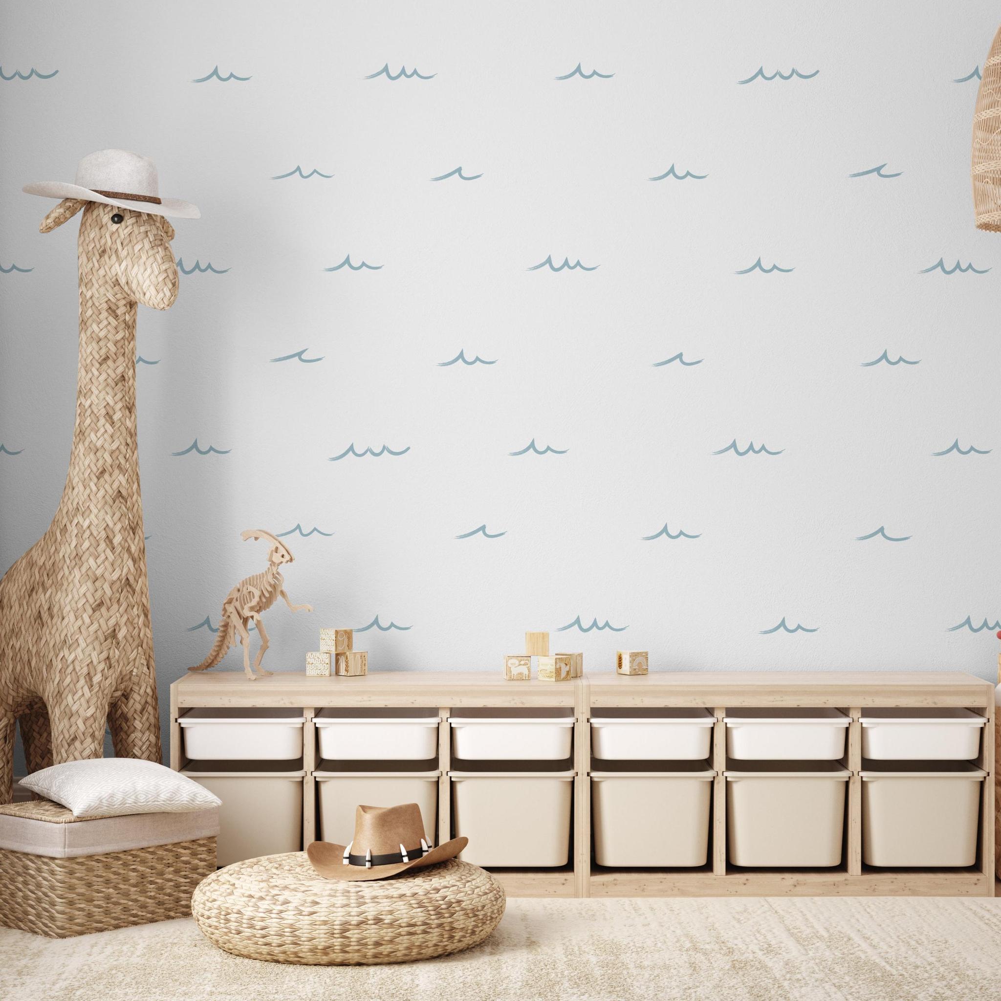 Waves of Blue wallpaper by Wall Blush AW01 in a stylish children's room, showcasing the playful design focus.
