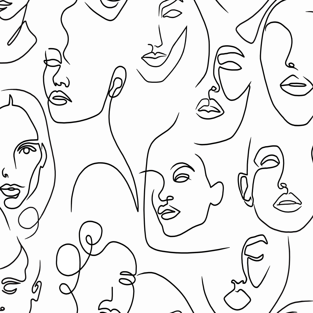 Bella Donna Wall Blush AW01 wallpaper with line-drawn faces gracing living room decor.