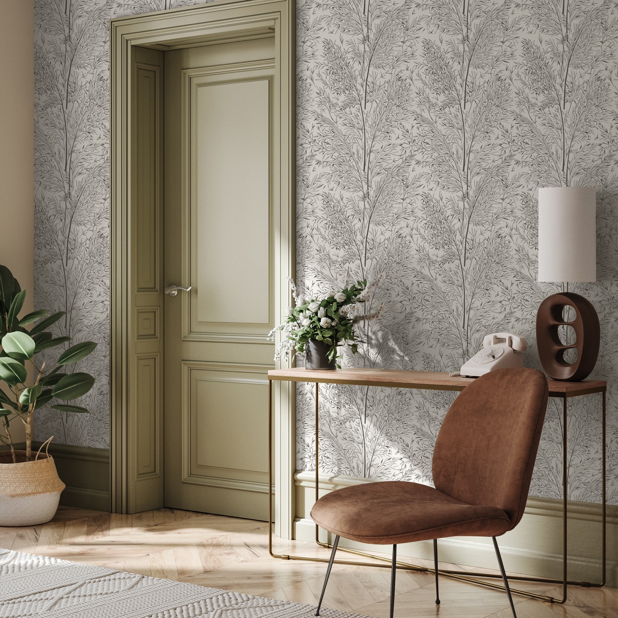 "Wall Blush Shea Wallpaper in elegant home office with modern desk and chair, leafy pattern focus"