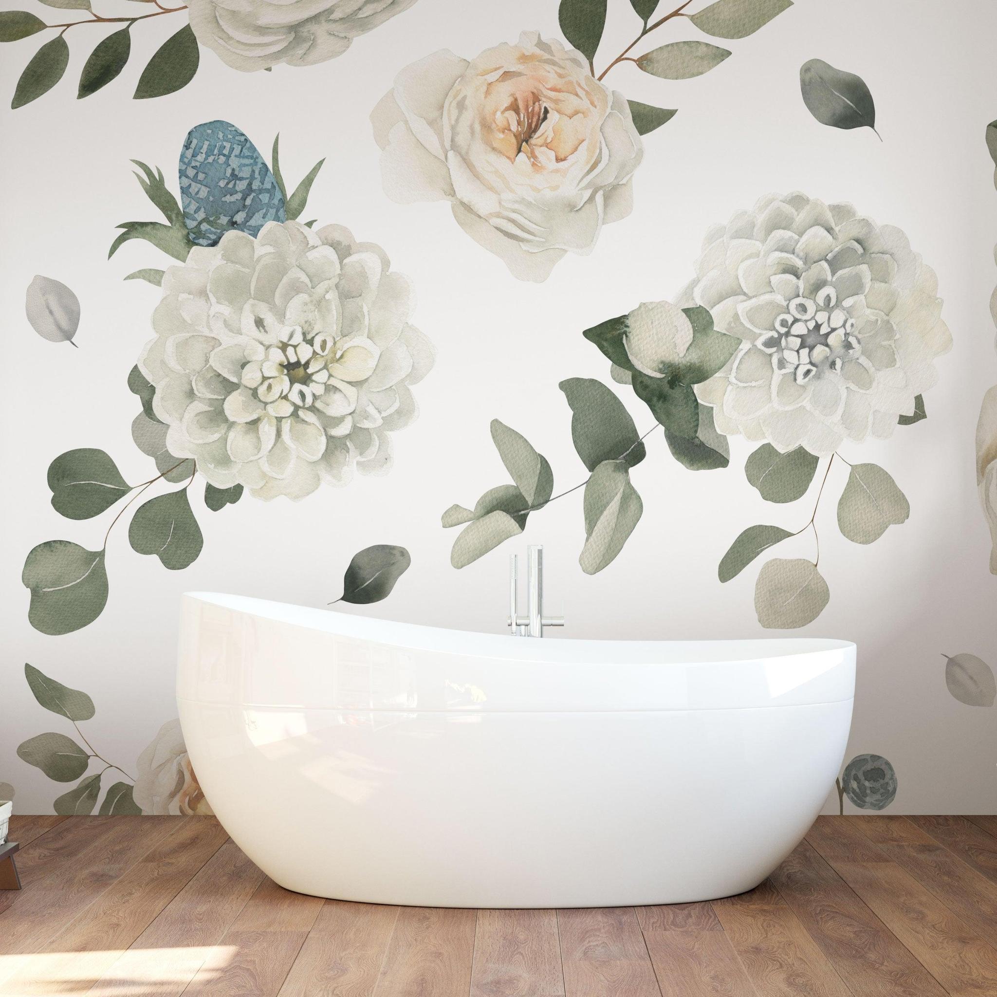 Modern bathroom adorned with 'Sidney With Love Wallpaper' from The Tamra Judge Line, emphasizing floral design.