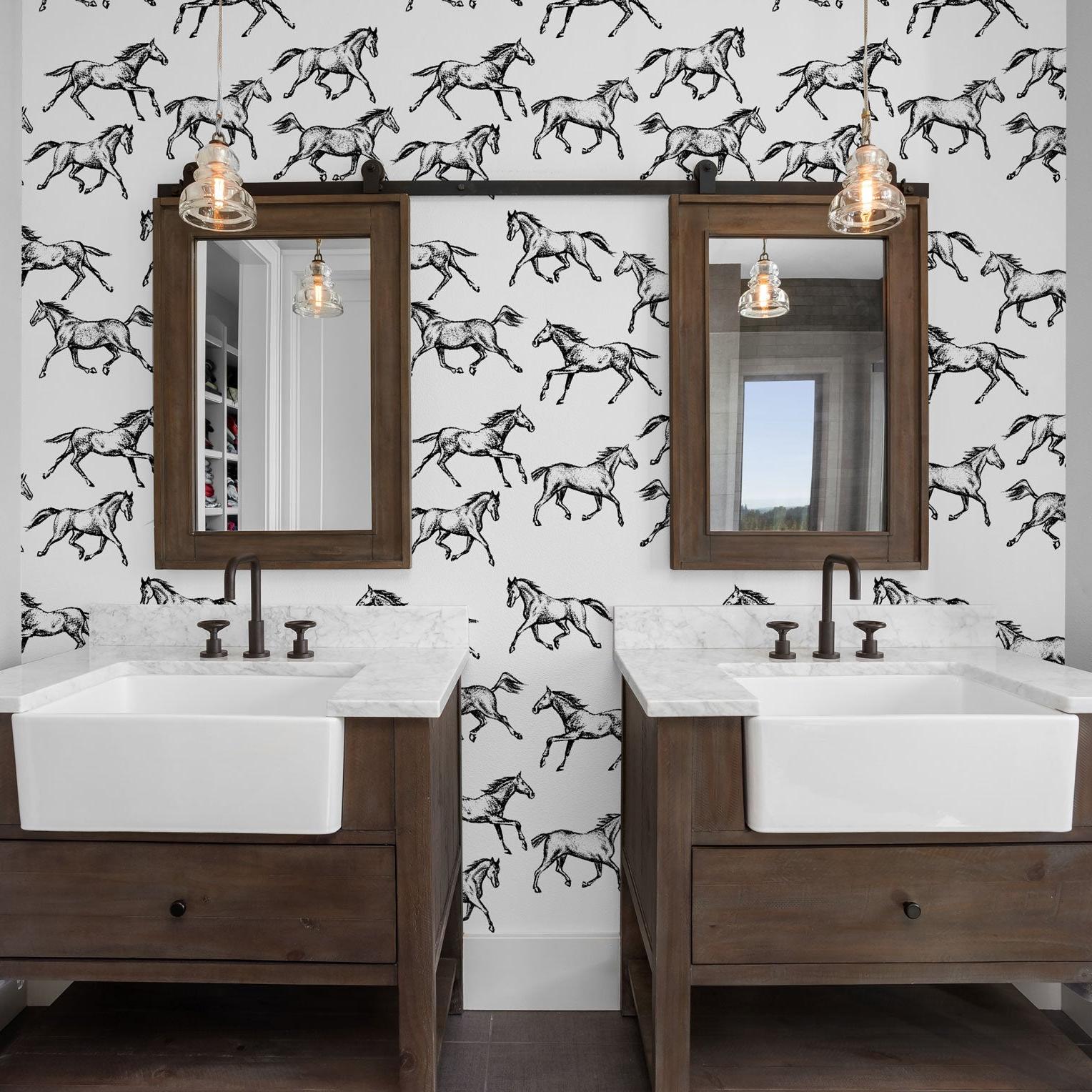 Spirit Wallpaper by Wall Blush SG02 in a modern bathroom, highlighting the unique horse pattern design.