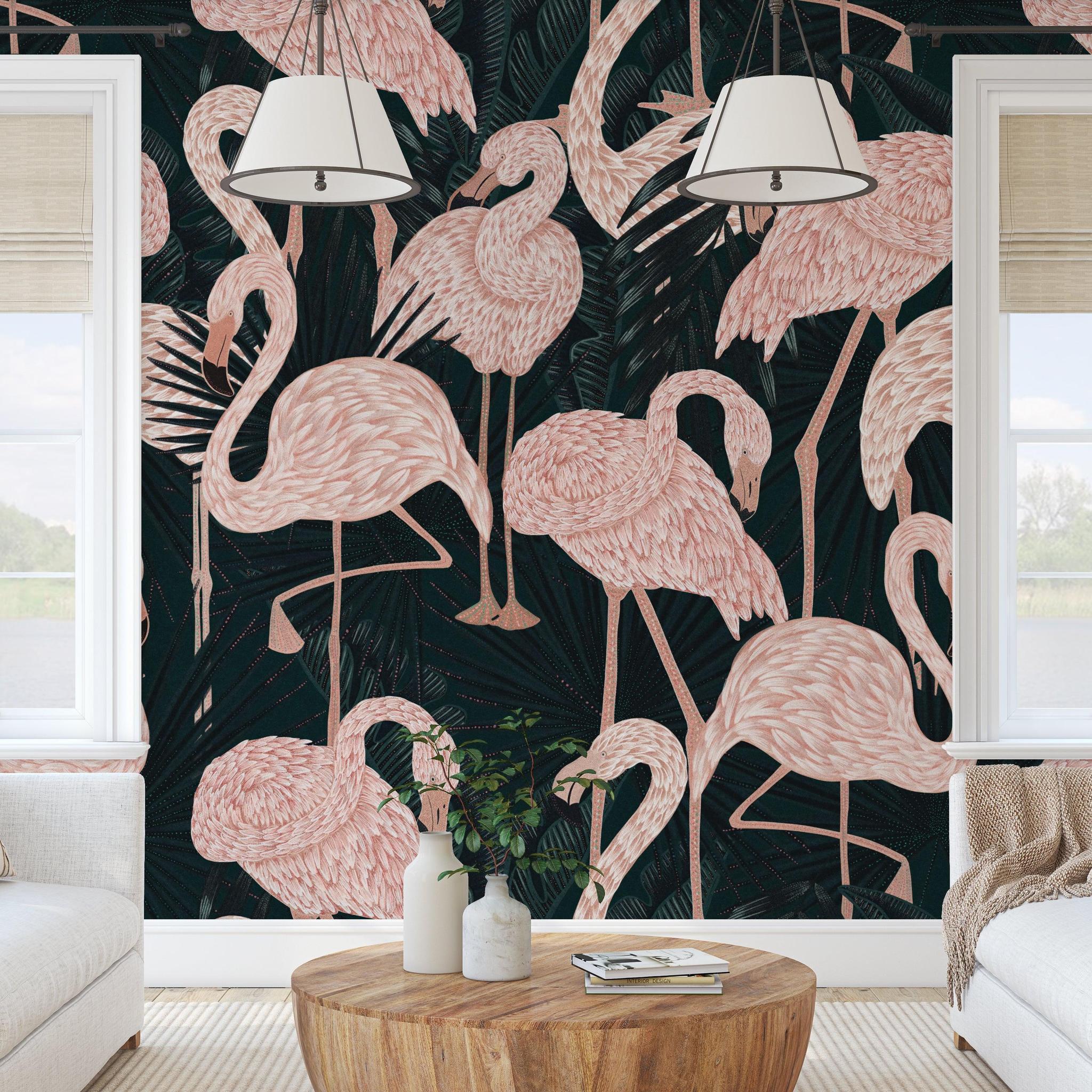 St. Croix Wallpaper by Wall Blush SG02 in a chic living room with flamingo patterns.