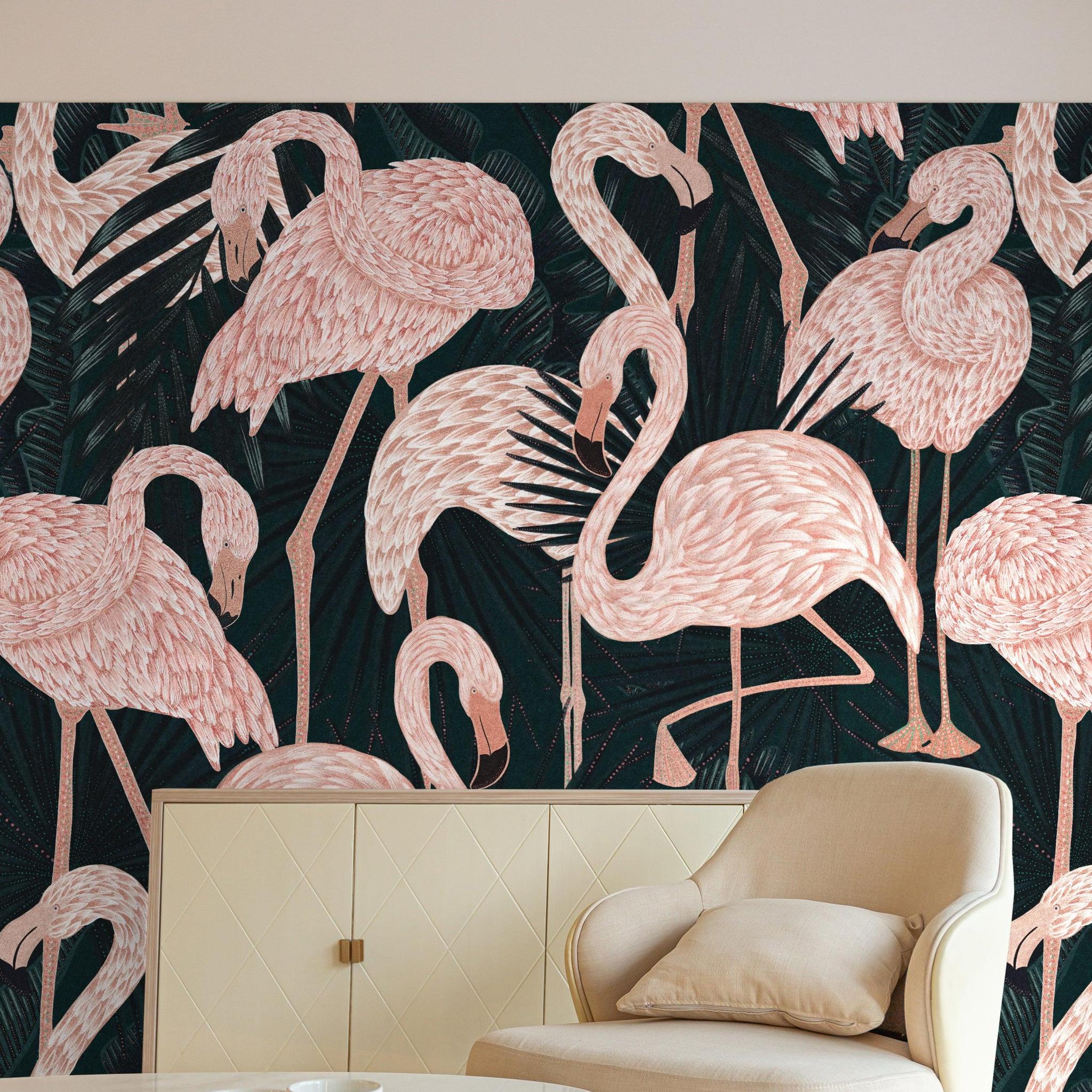 St. Croix Wallpaper with flamingo pattern by Wall Blush SG02 in a stylish living room.
