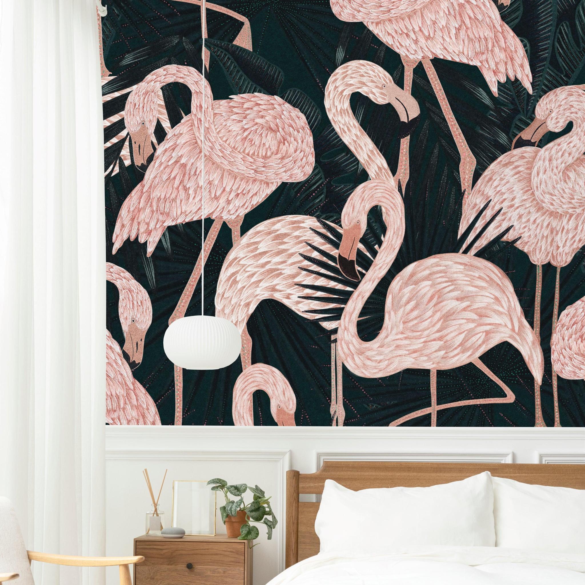 St. Croix Wallpaper from Wall Blush SG02 featured in a bedroom with stylish flamingo pattern.