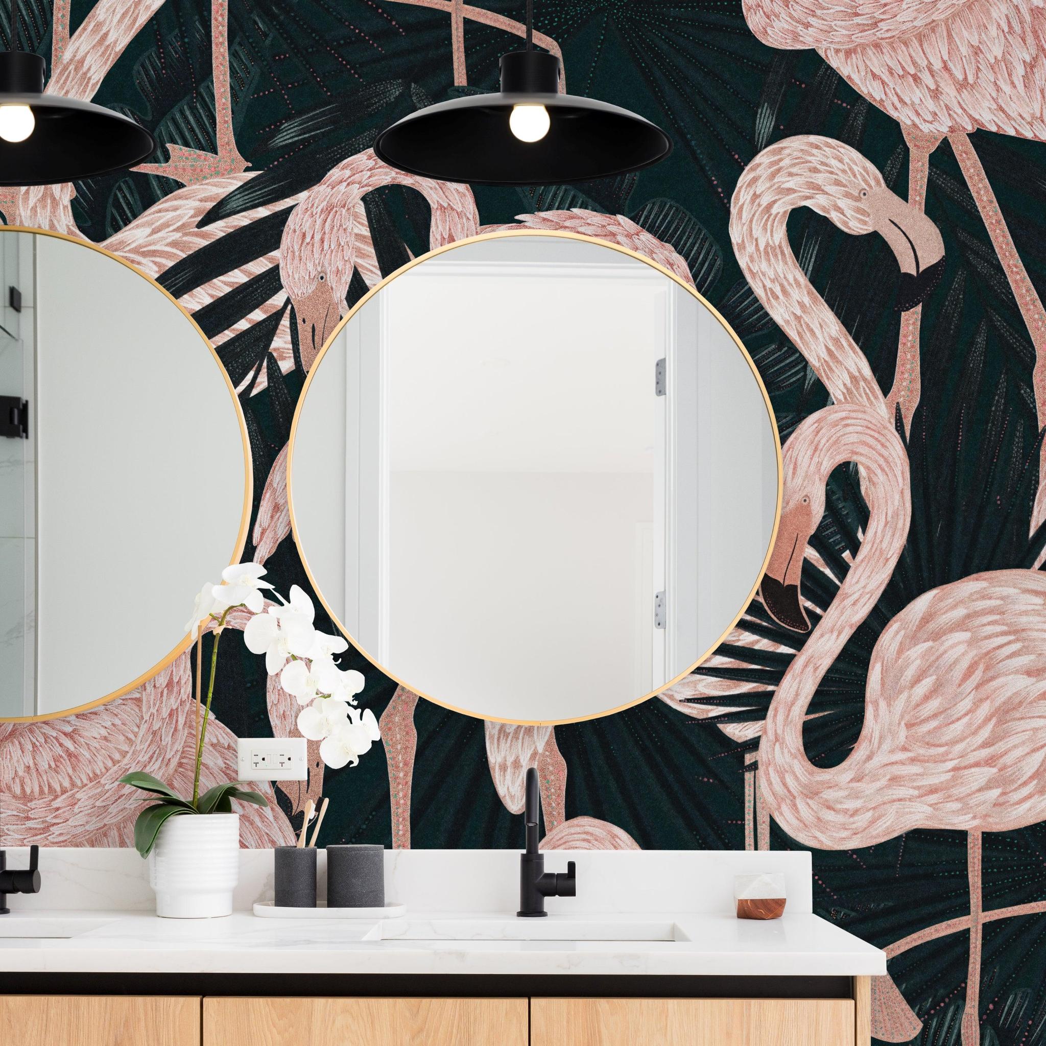 St. Croix Wallpaper by Wall Blush SG02, pink flamingo design in modern bathroom focusing on vibrant wall decor.
(Note: The character count is 124 and it is 15 words long. It includes the product title, the brand, the type of room, and maintains the focus on the wallpaper.)