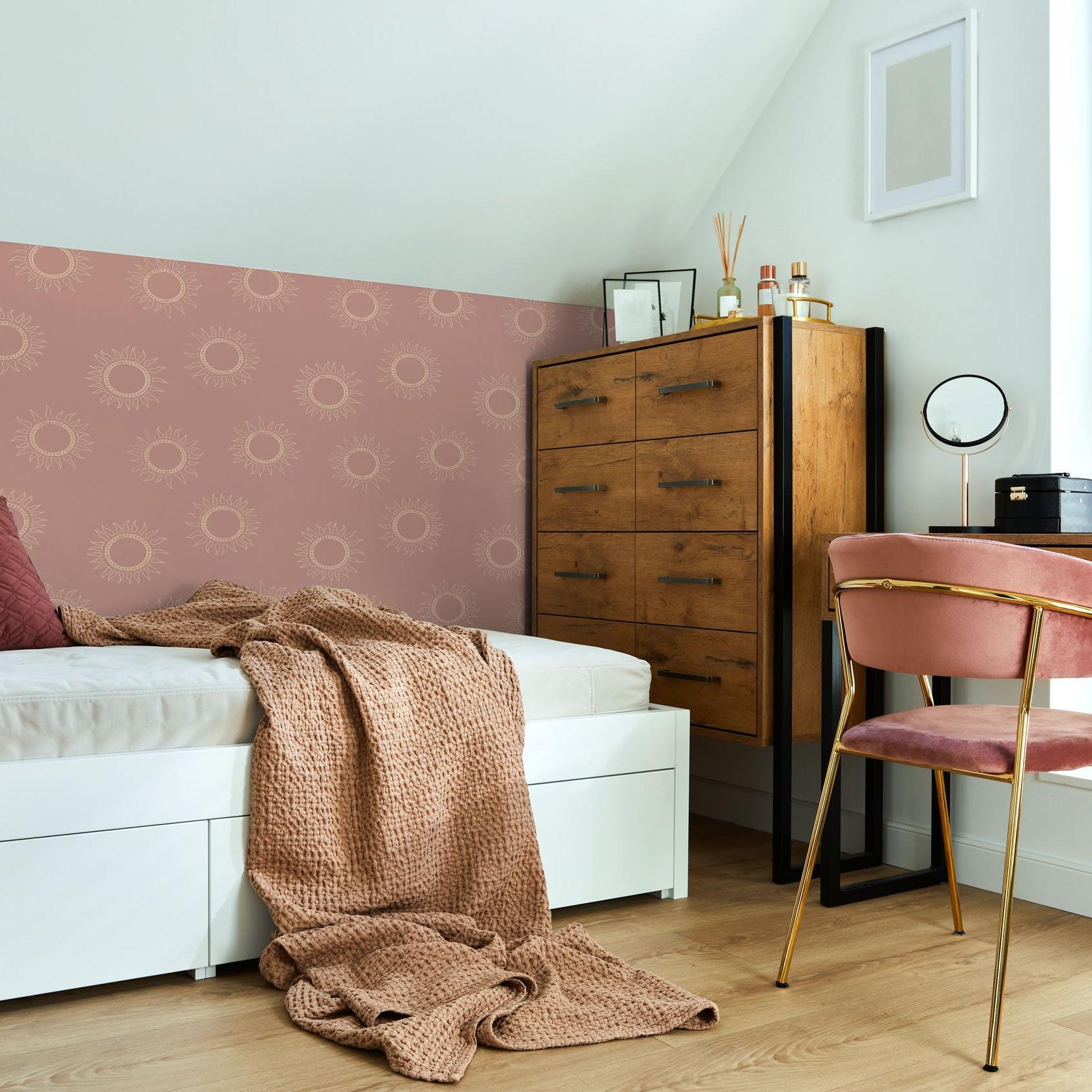 Sun Kissed Wallpaper by Wall Blush featured in modern bedroom decor, accenting stylish interior design.