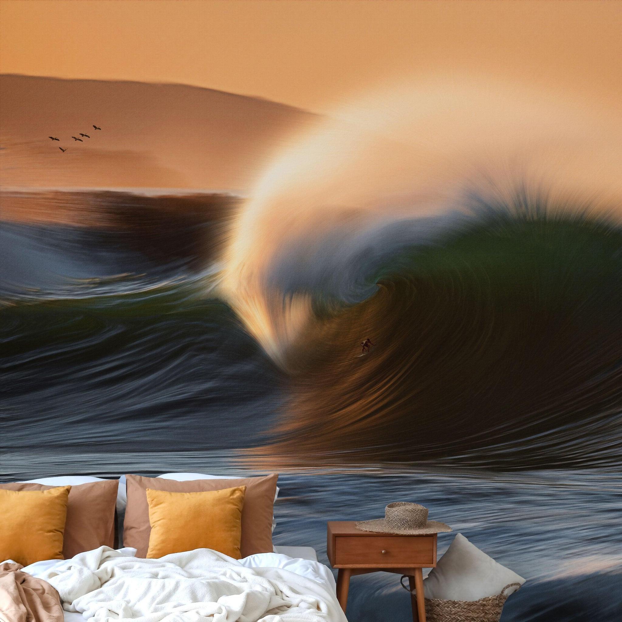 "The Duke Wallpaper by Wall Blush in a bedroom with wave design, enhancing room aesthetics."