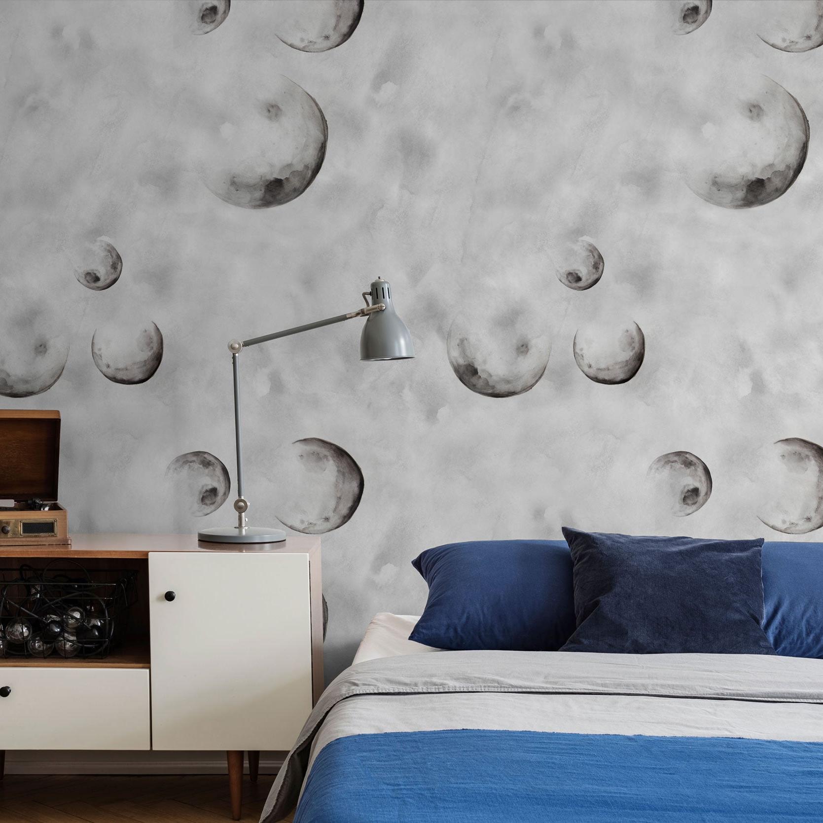 To the Moon Wallpaper by The Minty Line in a stylish bedroom, with focus on the lunar patterned design.