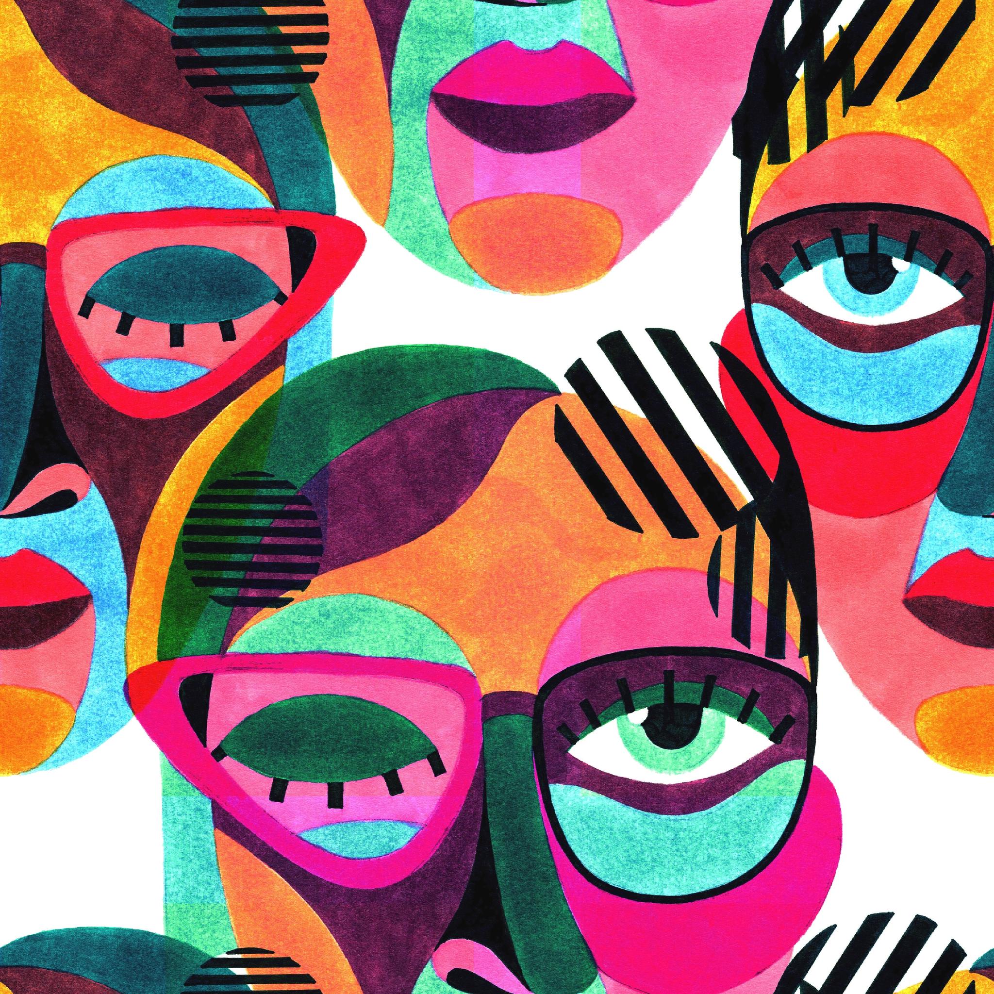 "Vibrant Tucci Wallpaper by Wall Blush in modern living room setting with colorful abstract faces design."