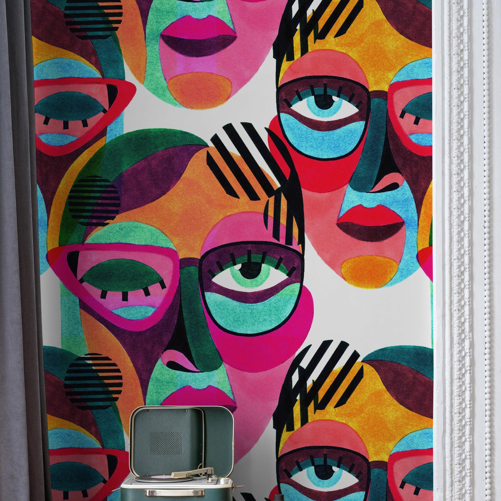 Tucci Wallpaper by Wall Blush SG02 in a colorful living room with artistic face design focus.