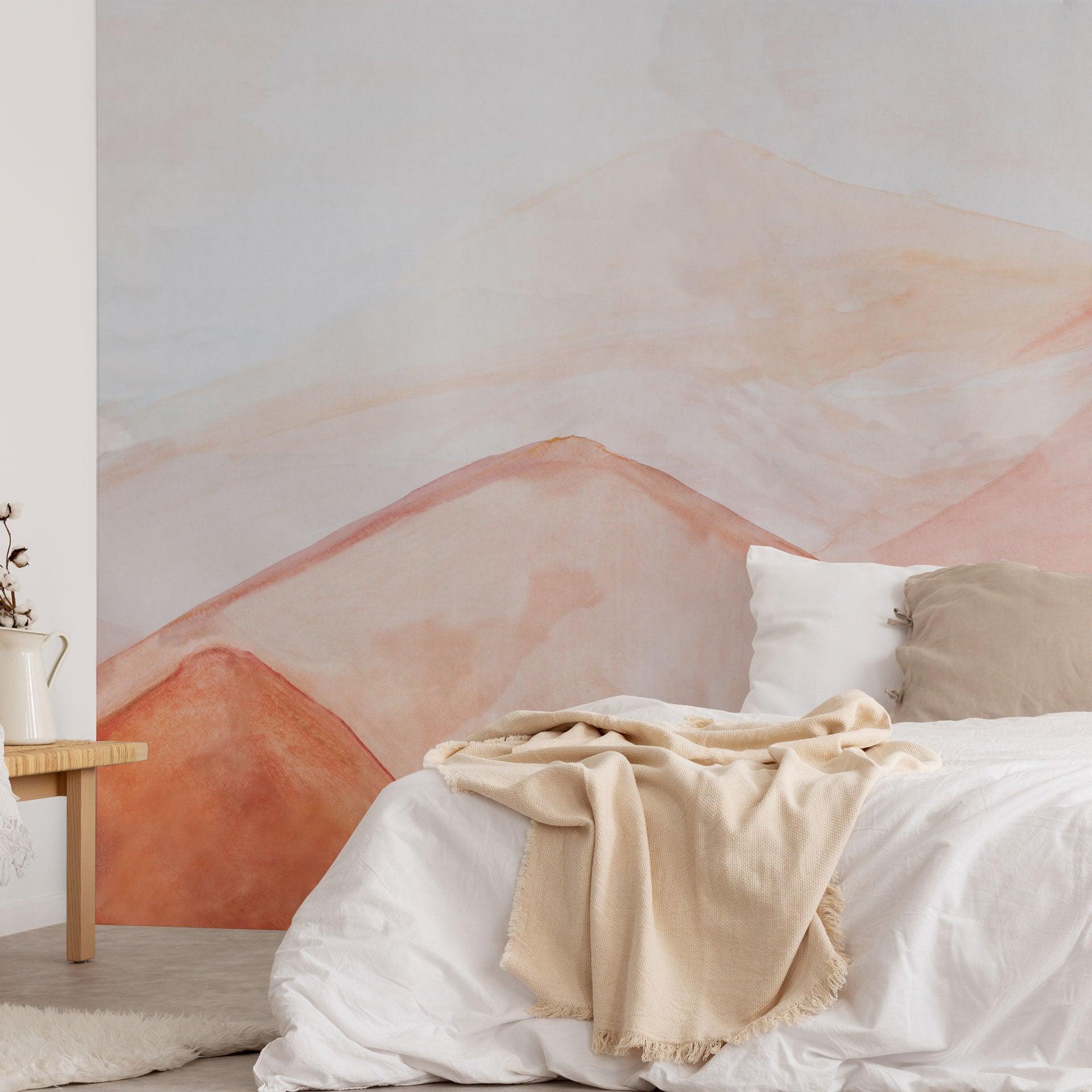 The Minty Line's Unruly Wallpaper in a cozy bedroom, showcasing serene earthy tones and an abstract design.