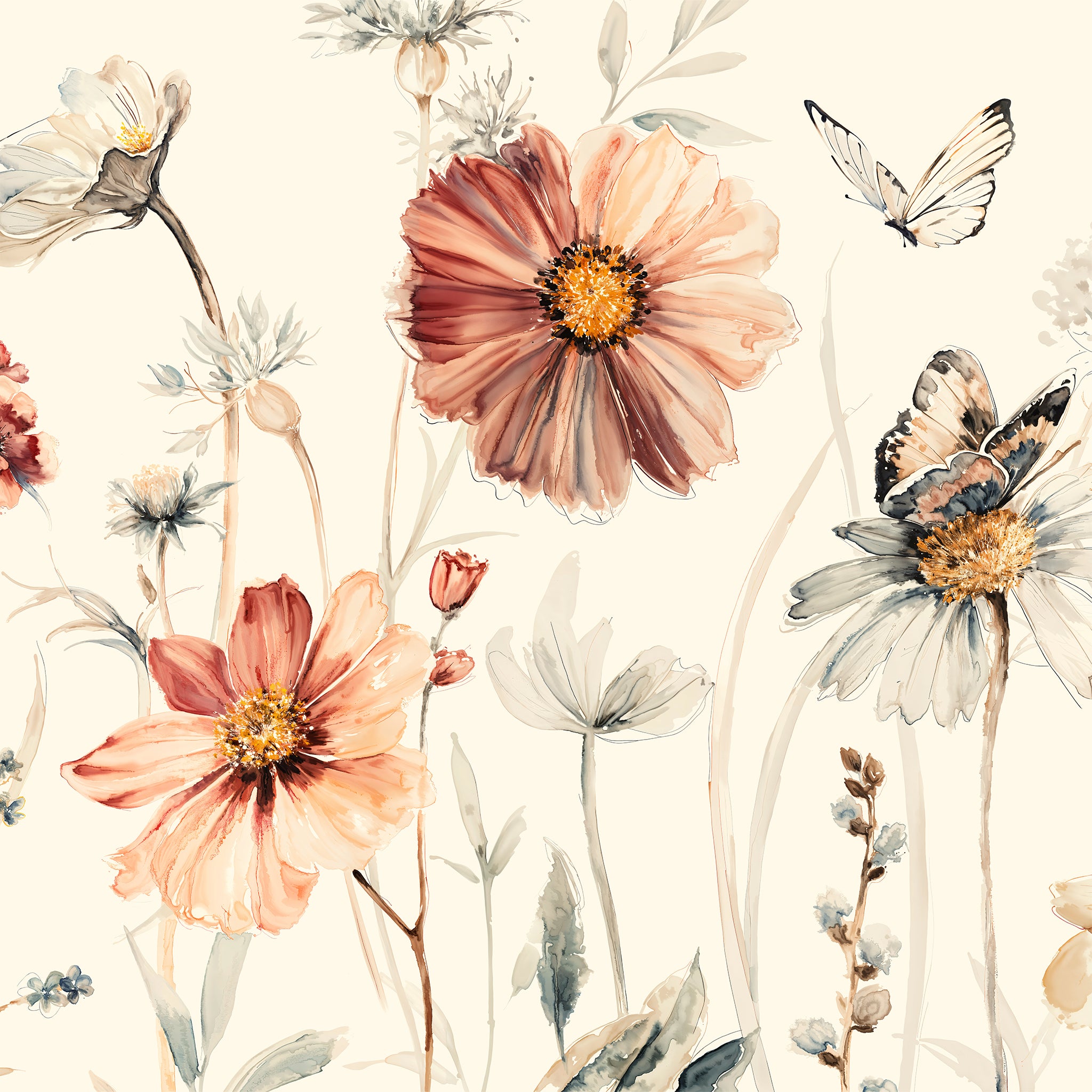 "Wall Blush's Wildflower Dreams Wallpaper in Cream on display, perfect for a cozy living room ambiance."