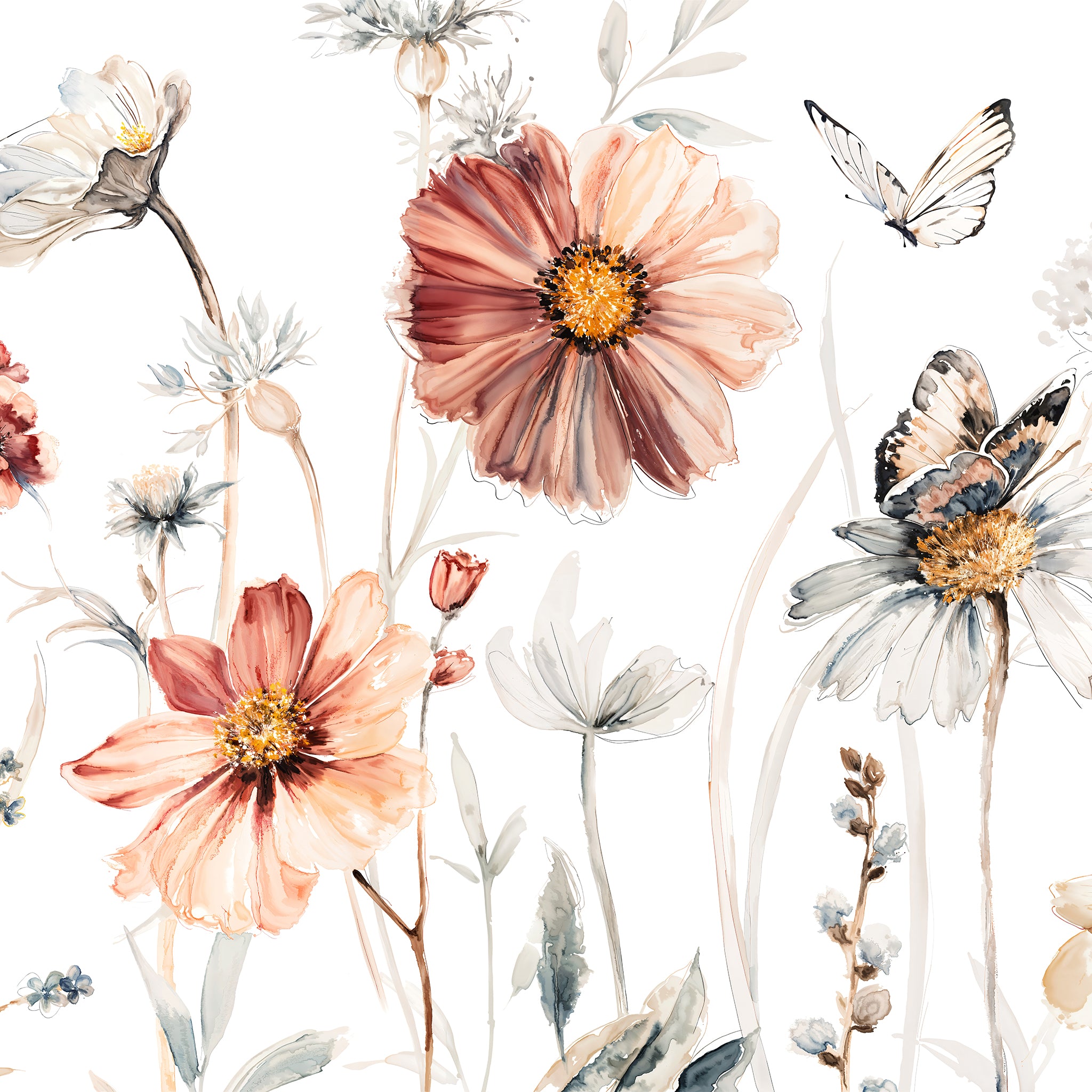 "Wall Blush's Wildflower Dreams Wallpaper in White brightens room with floral elegance"