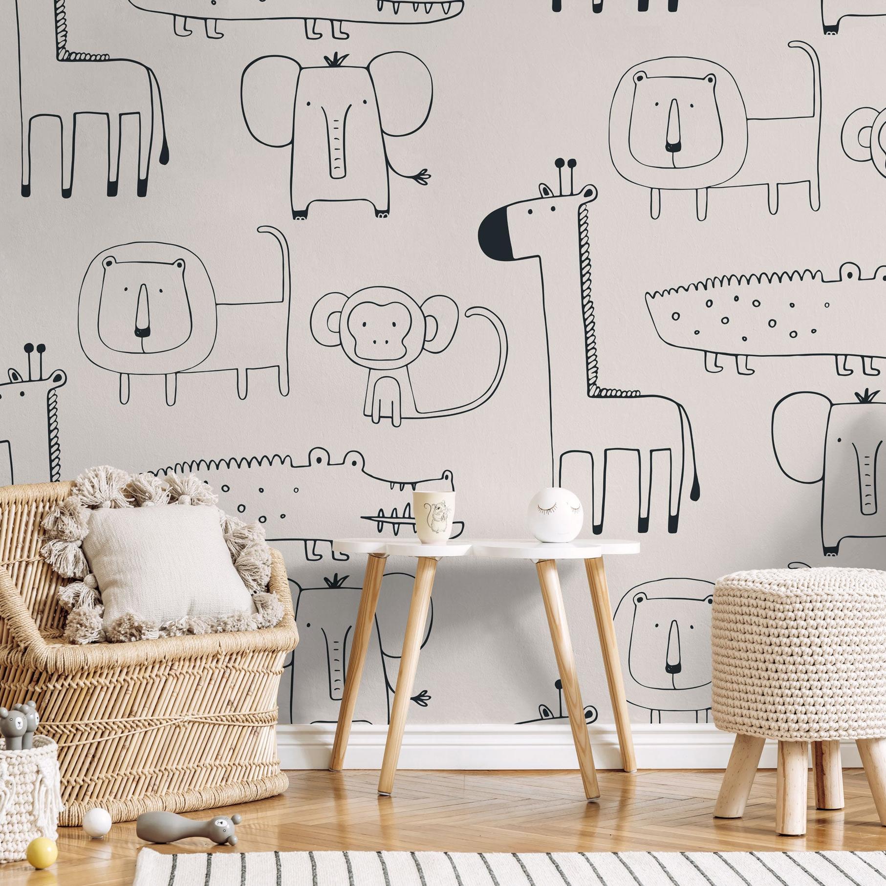 Children's room featuring Wilder Wallpaper by Wall Blush SG02 with playful animal designs.