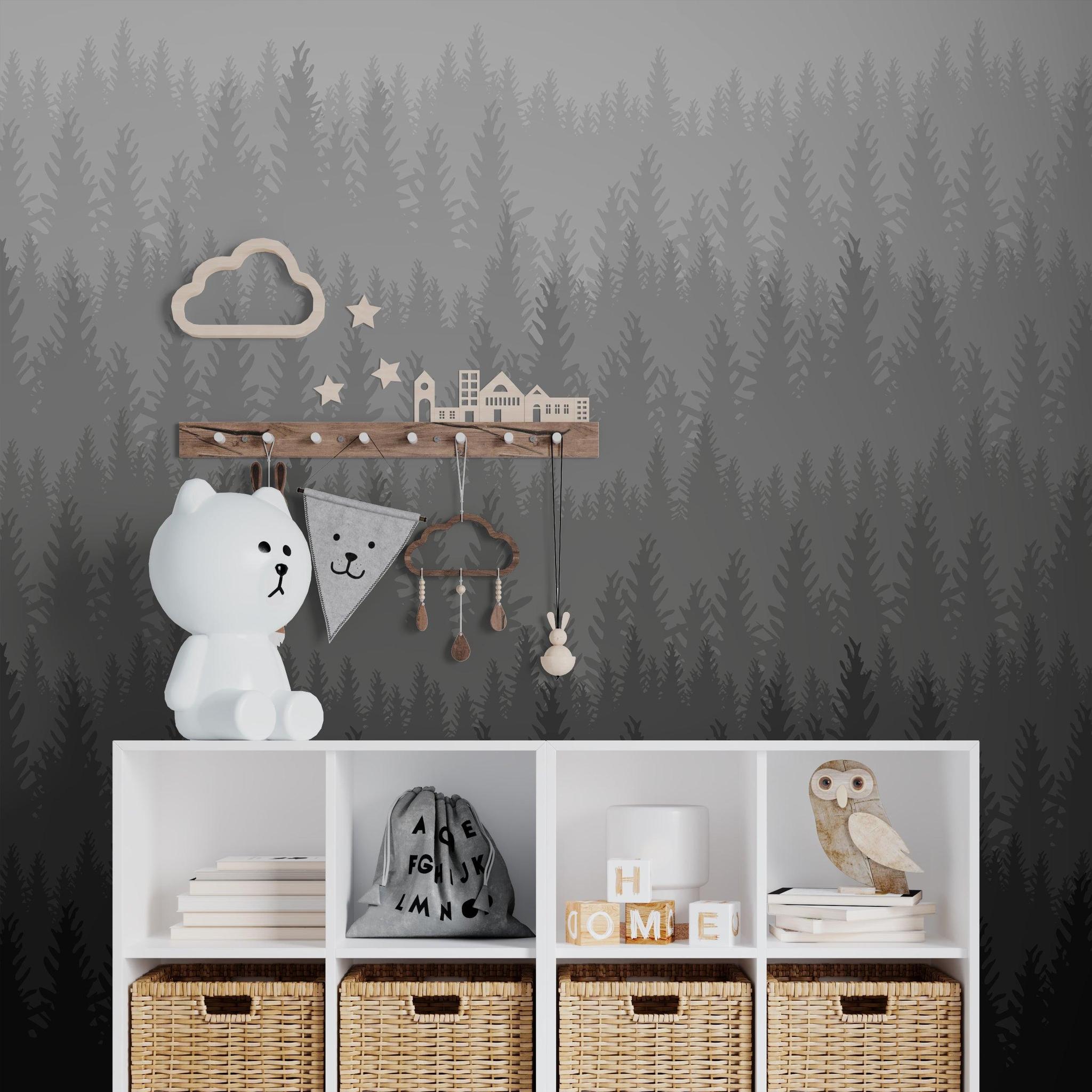 Woods Wallpaper by Wall Blush in a styled nursery room with modern furnishings and decor accents.
