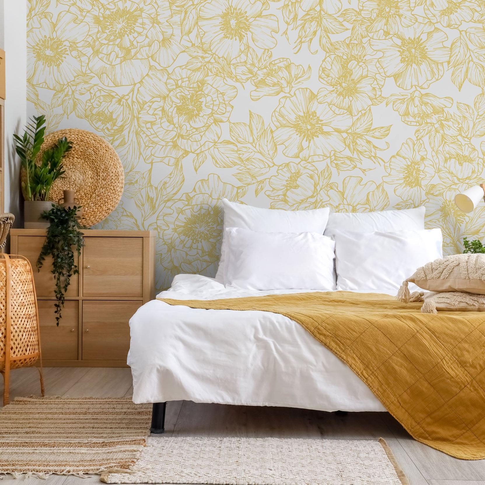 The Dutchess (Mustard) Wallpaper by The Ania Zwara Line in a stylish bedroom, showing large floral patterns.