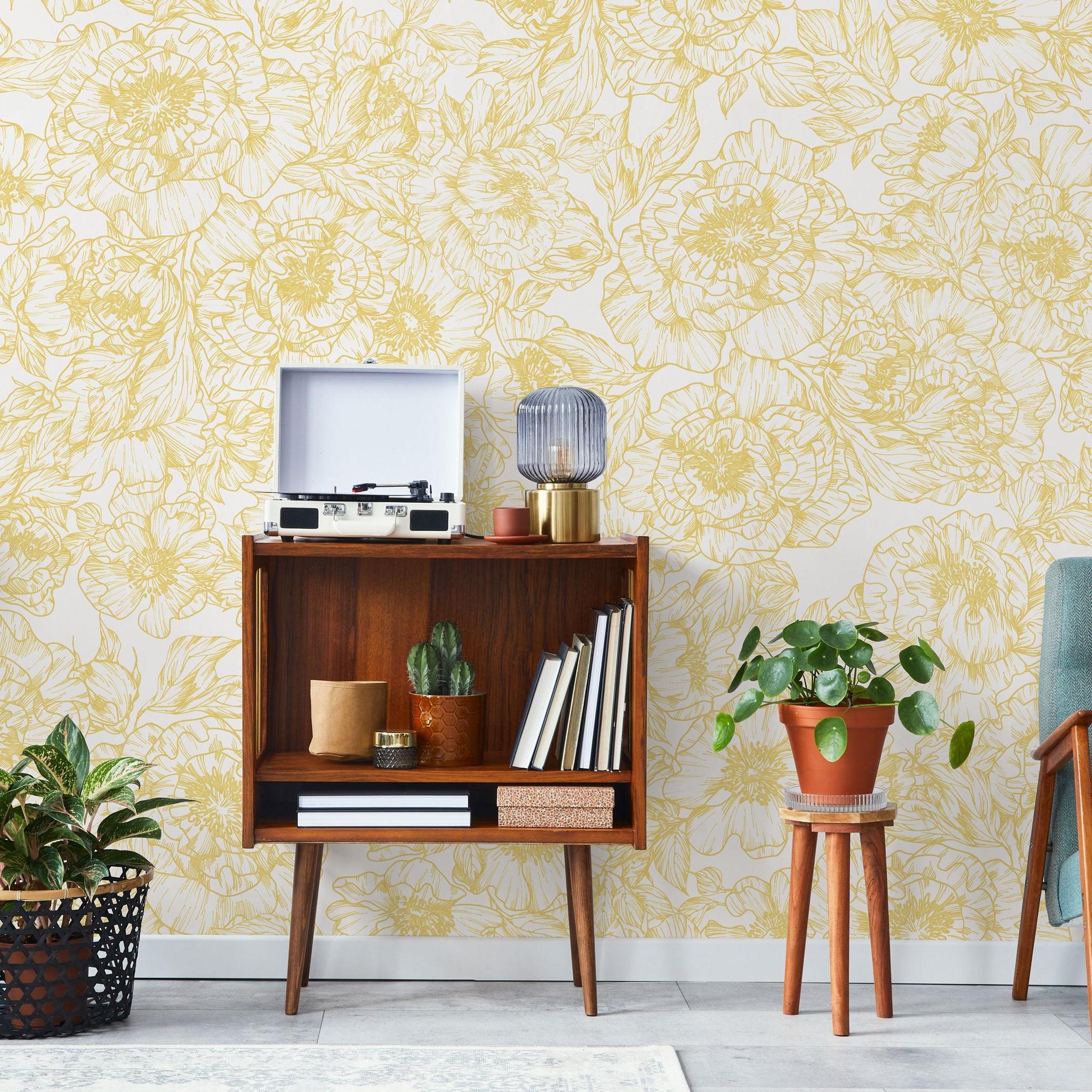 The Dutchess (Mustard) Wallpaper by The Ania Zwara Line in a stylish living room setup.