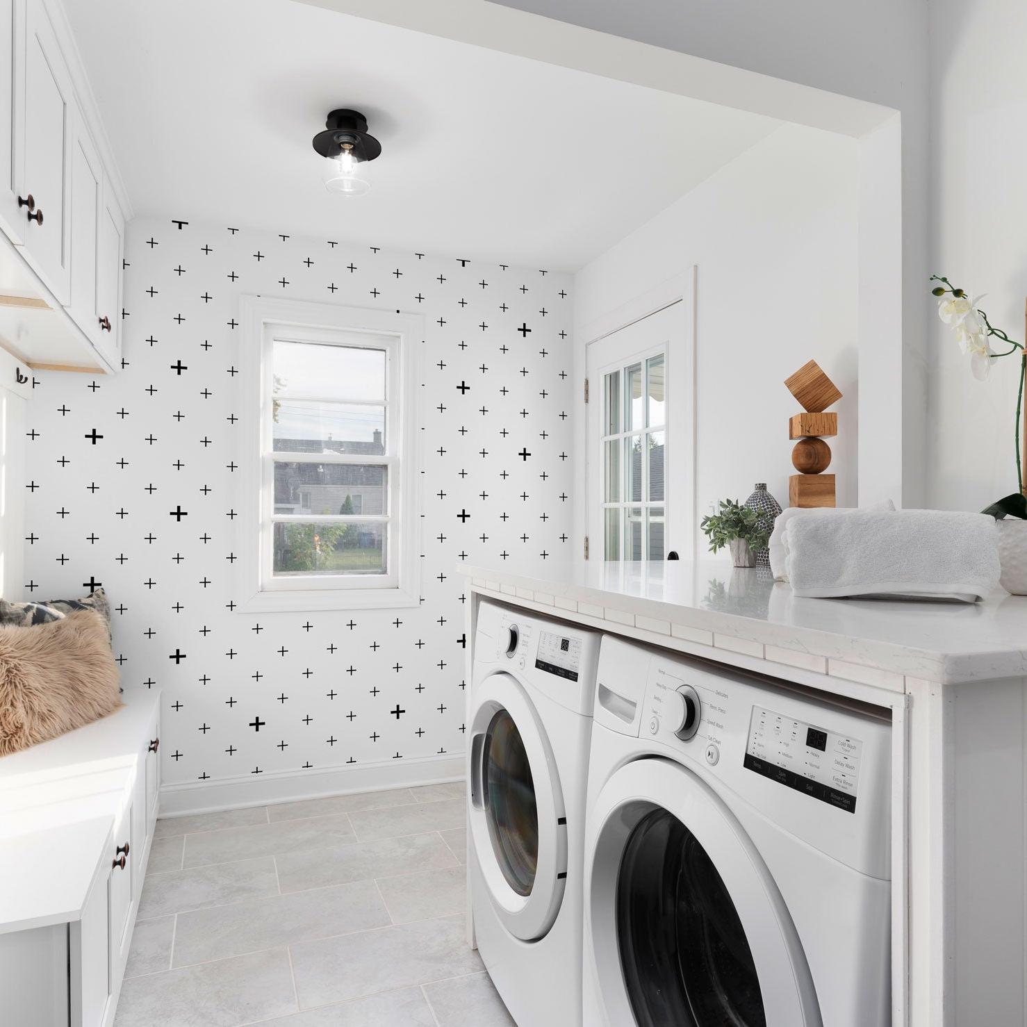 Wall Blush You + Me Wallpaper in a laundry room with white appliances and modern decor focus.