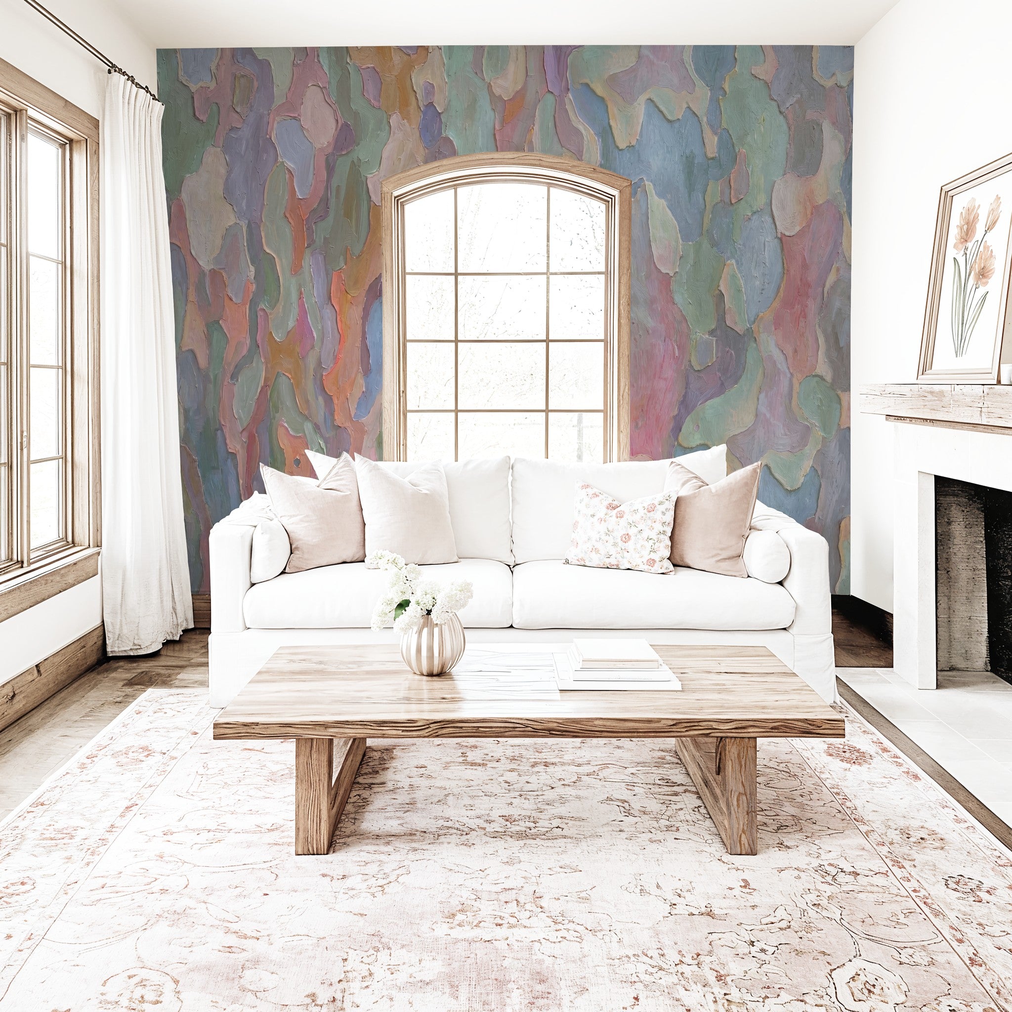 Abstract pastel wallpaper in cozy living room with white sofa and wooden table.
