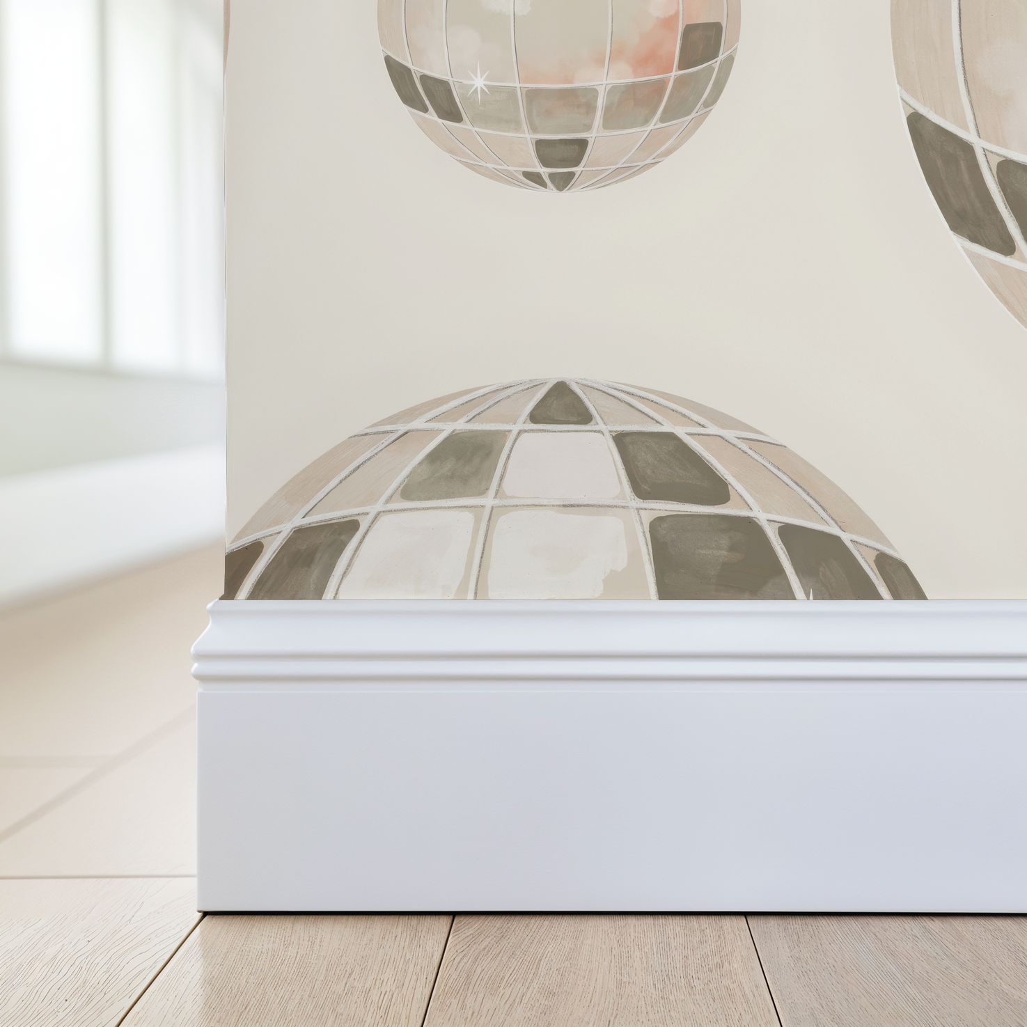 Abstract taupe and blush mirrored globe wallpaper in a modern room