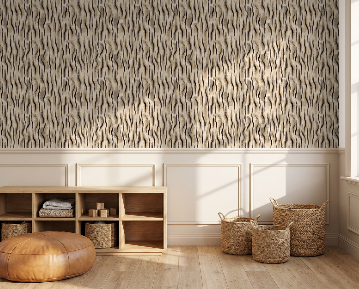 Abstract wavy wallpaper in taupe, beige, and charcoal in a modern room with wicker baskets.