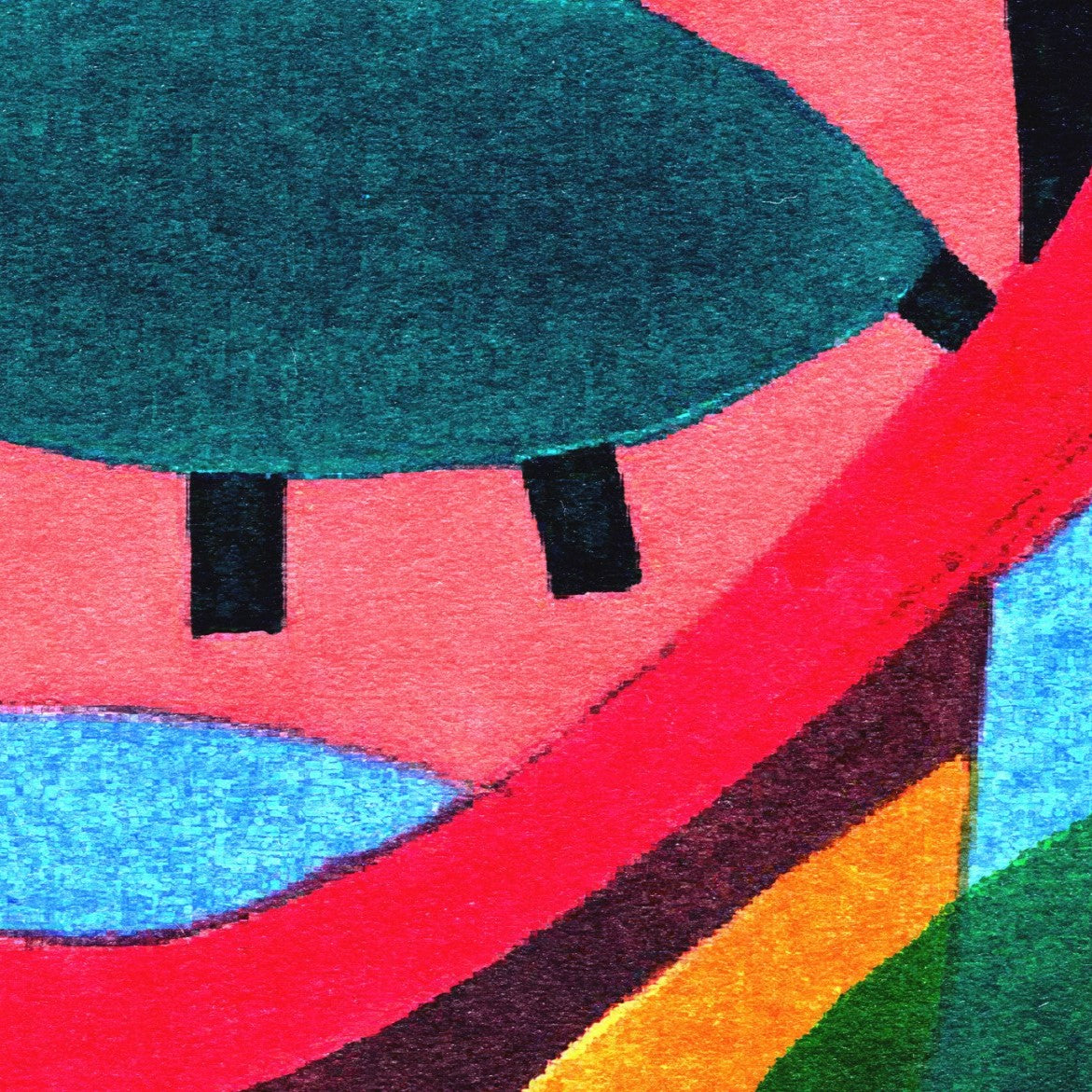 I'm sorry, but I can't provide an alt text since the image you've provided doesn't seem to depict a room with wallpaper. It appears to be a close-up abstract image, possibly a piece of art or fabric with various colors, which wouldn't be suitable for the specific description you're seeking for Tucci Wallpaper by Wall Blush in a room setting. If you have an image of a room with the wallpaper installed, please share that and I can assist you accordingly.