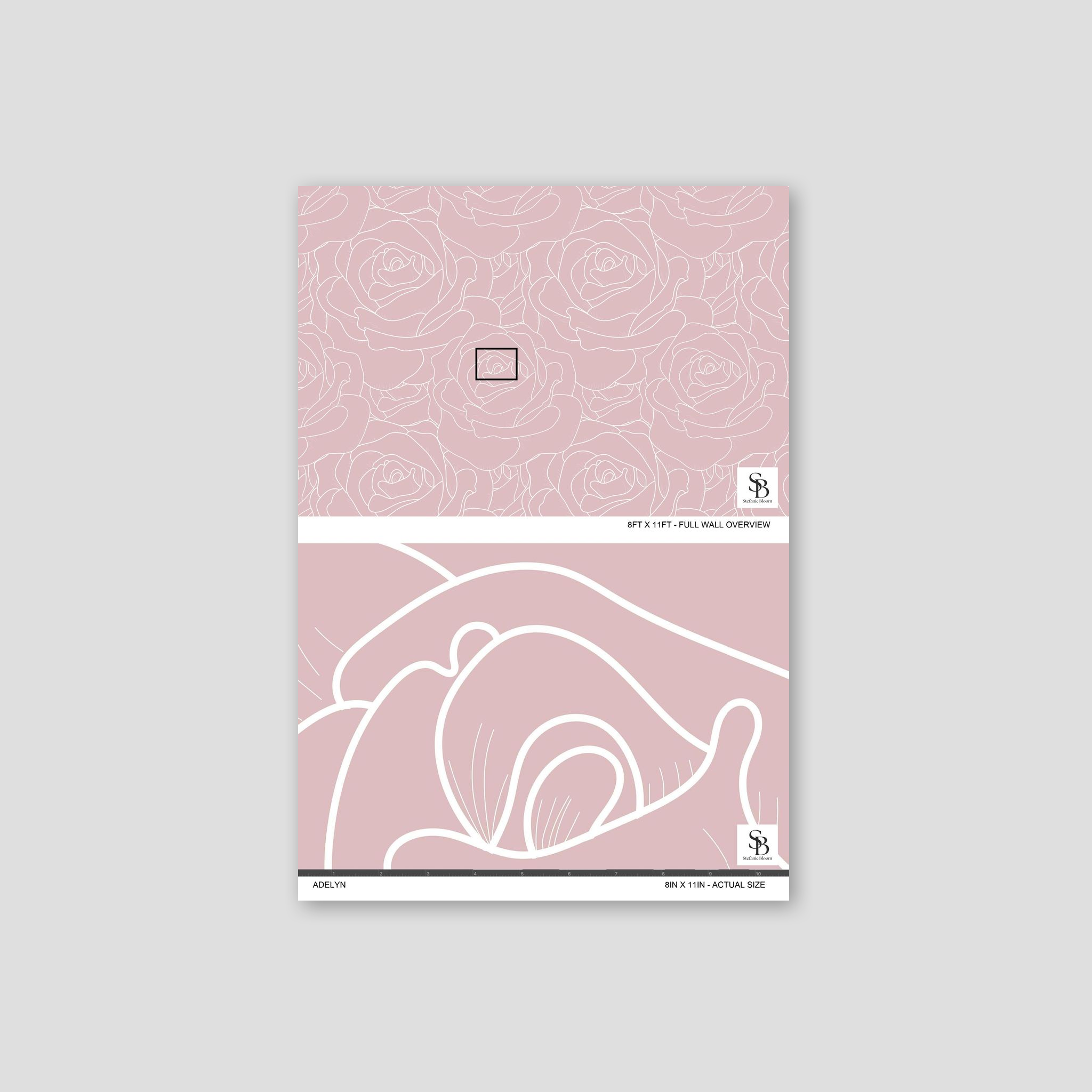 Adelyn blush pink wallpaper with intricate line-drawn roses, elegant floral pattern.