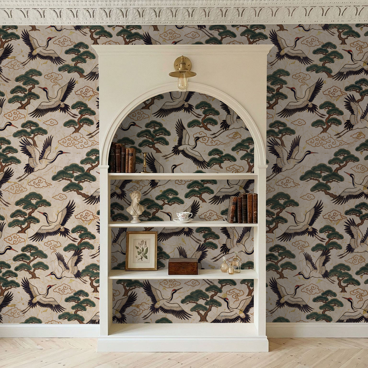 Elegant crane and pine tree wallpaper in a classic room setting