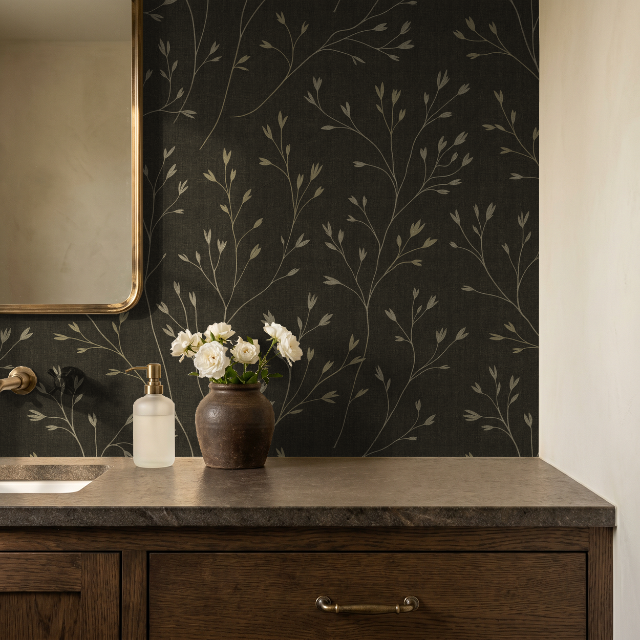Ashwood wallpaper with cream branches on brown in elegant bathroom setting.