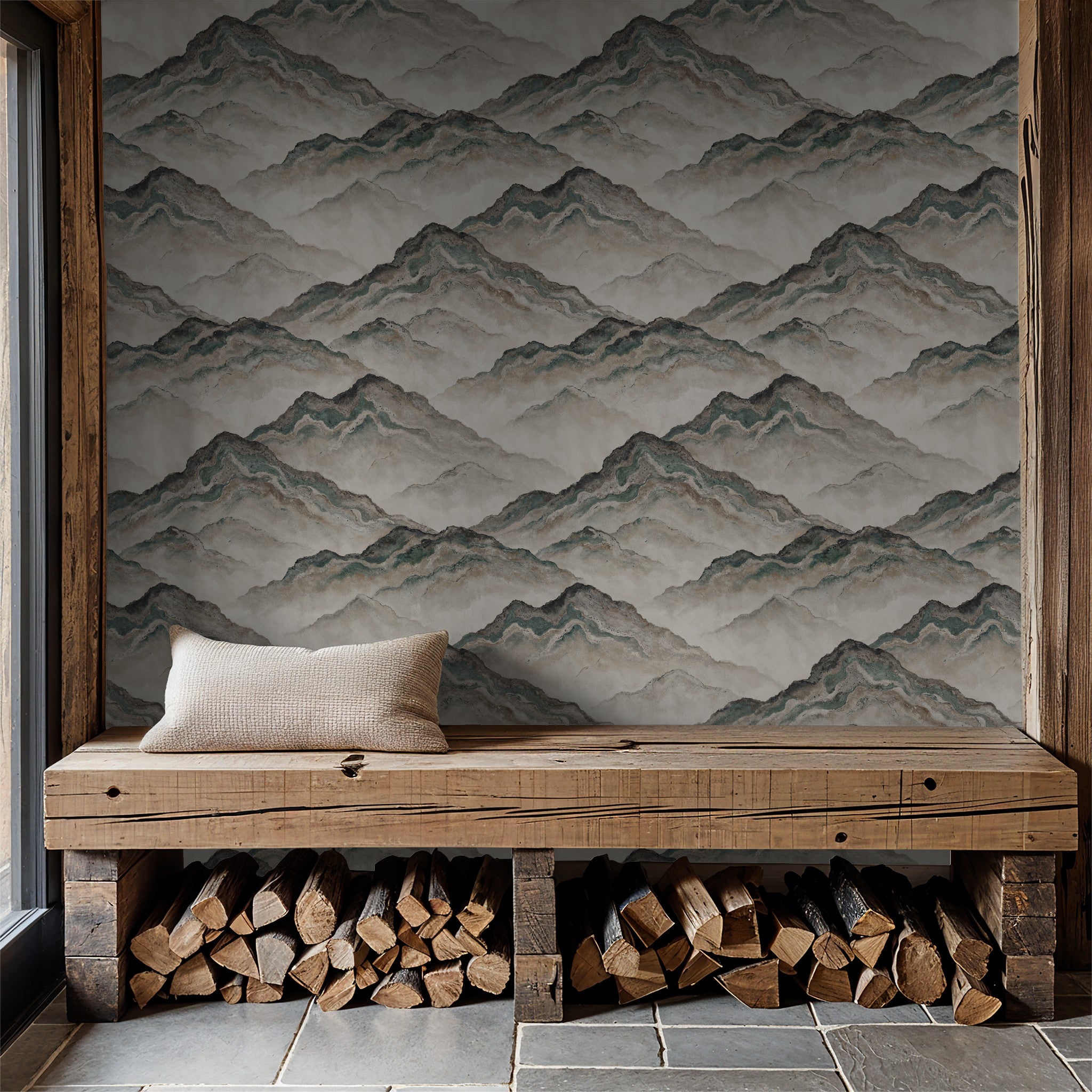Aurith mountain pattern wallpaper with earthy tones in rustic room setting