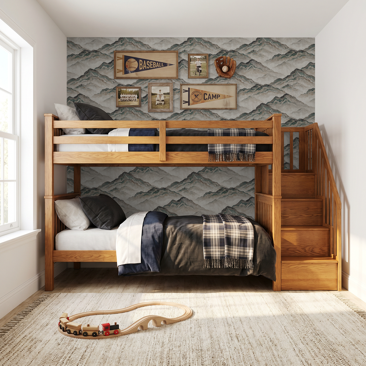 Aurith mountain wallpaper in earthy tones with wooden bunk bed in cozy room.