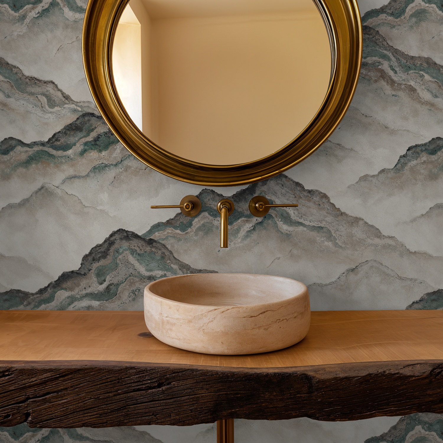 Aurith wallpaper with muted earth tones in a rustic bathroom setting.