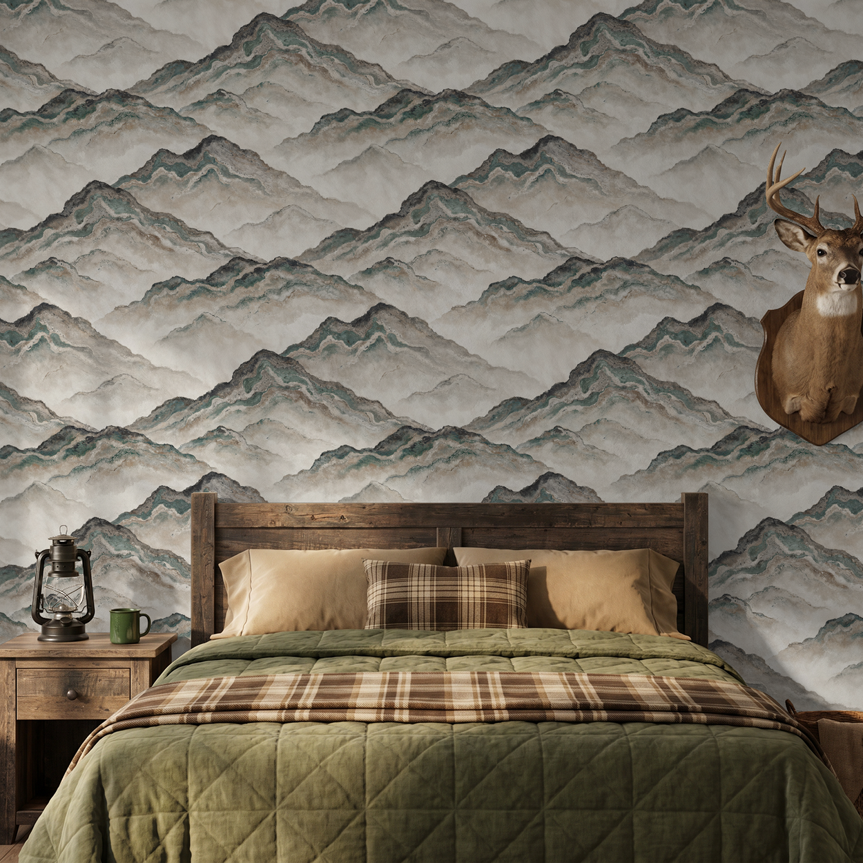 Aurith mountain pattern wallpaper in earthy tones in rustic bedroom setting.