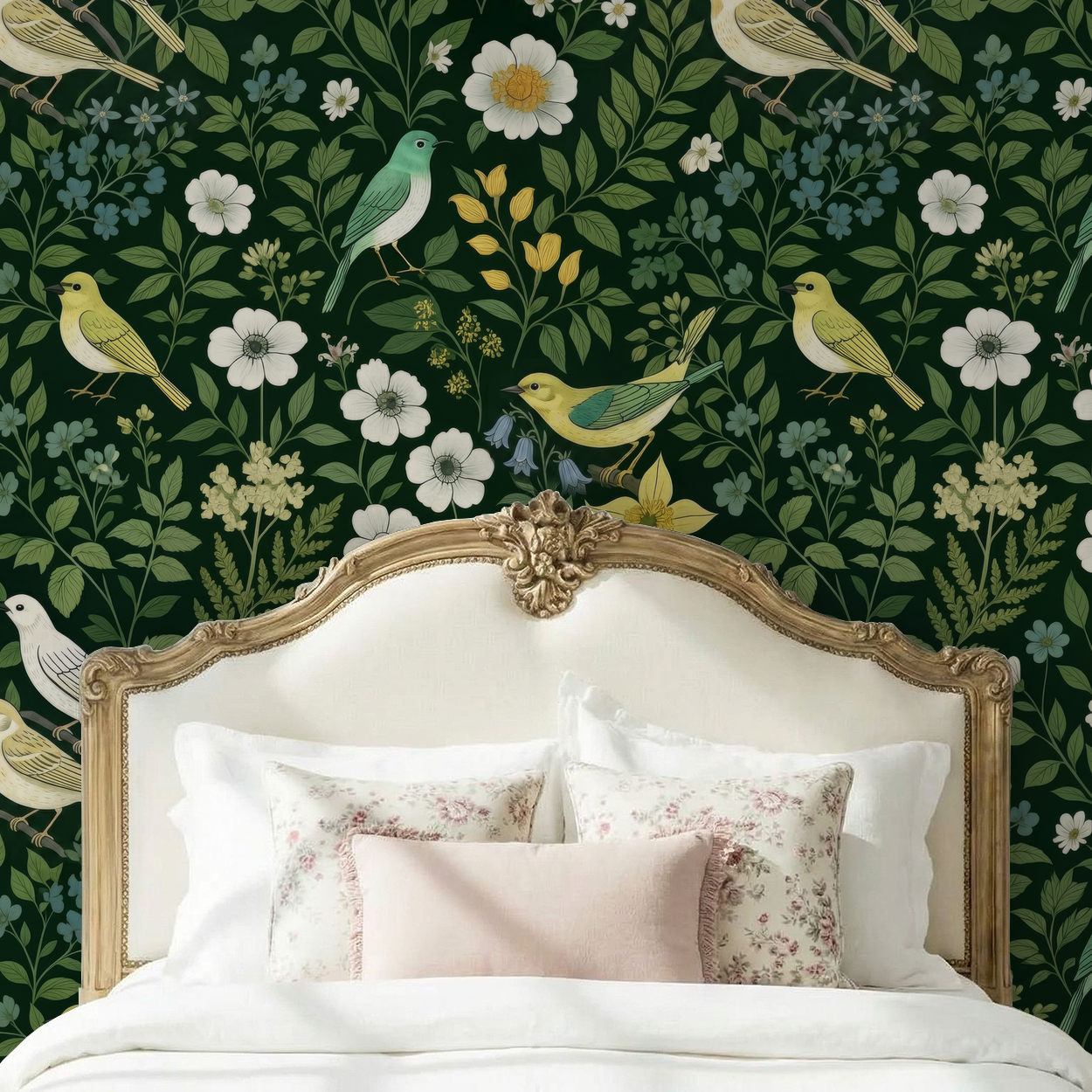 Floral and bird motif wallpaper in forest green behind vintage bed