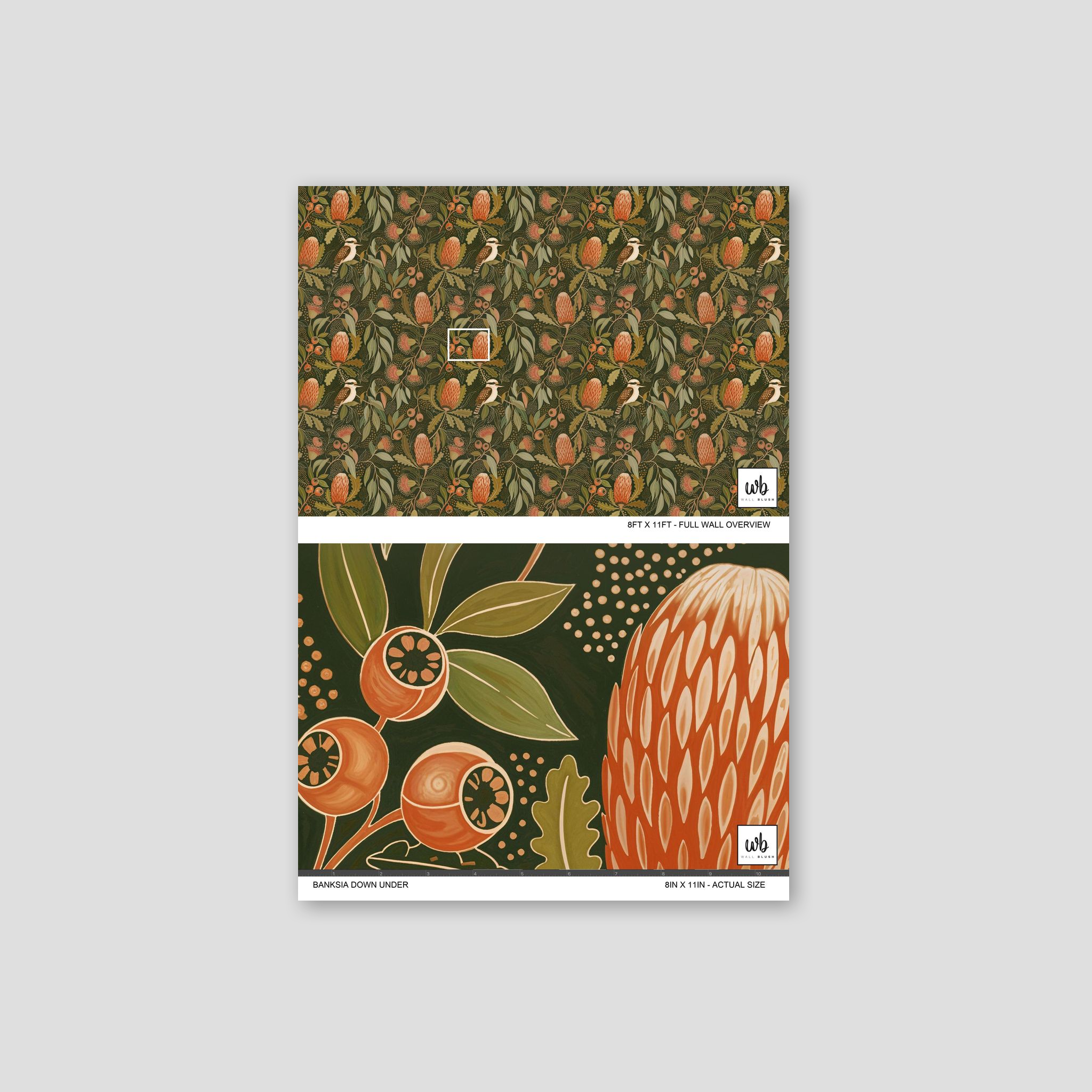 Banksia Down Under wallpaper with eucalyptus leaves and banksia flowers in earthy tones.