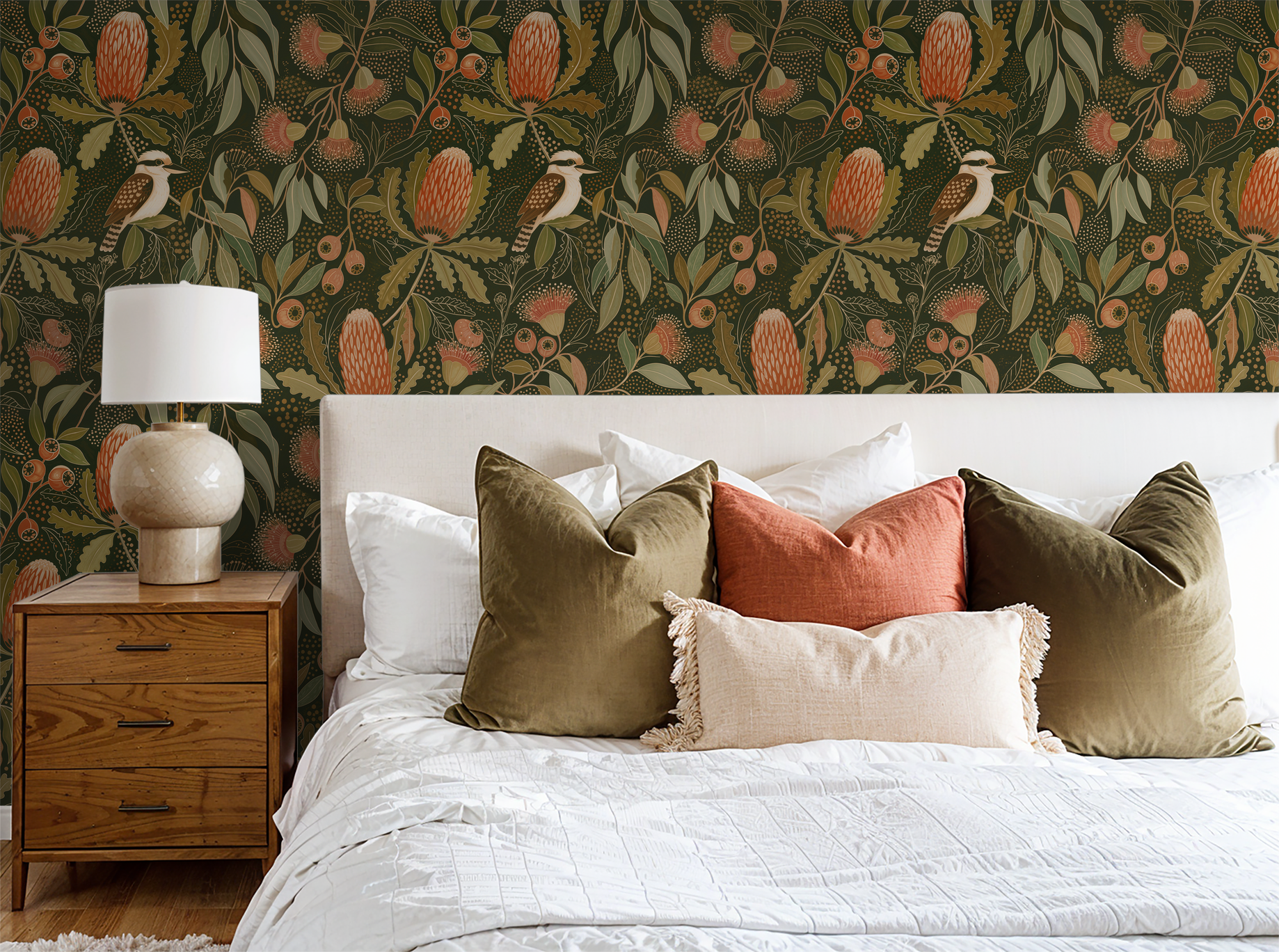 Banksia Down Under wallpaper with green eucalyptus and orange banksia flowers in bedroom setting.