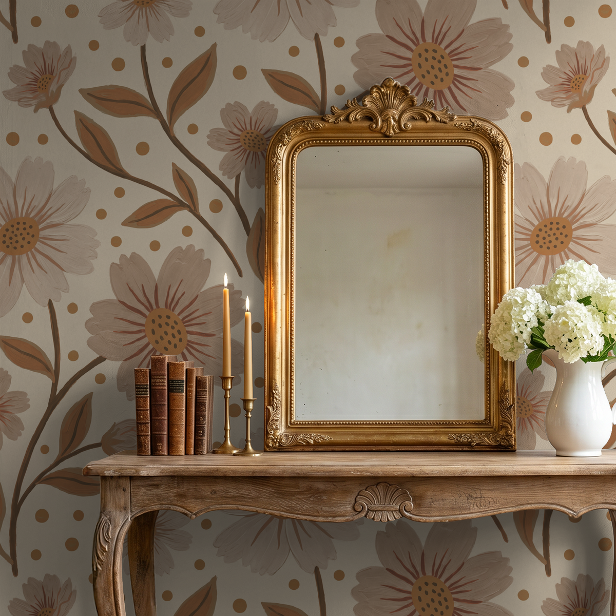 Beige floral wallpaper with gold mirror and wooden table in vintage setting.