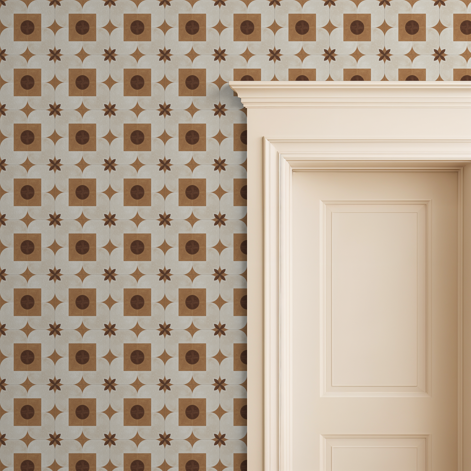 Beigora wallpaper with terracotta and cream geometric pattern beside a cream door