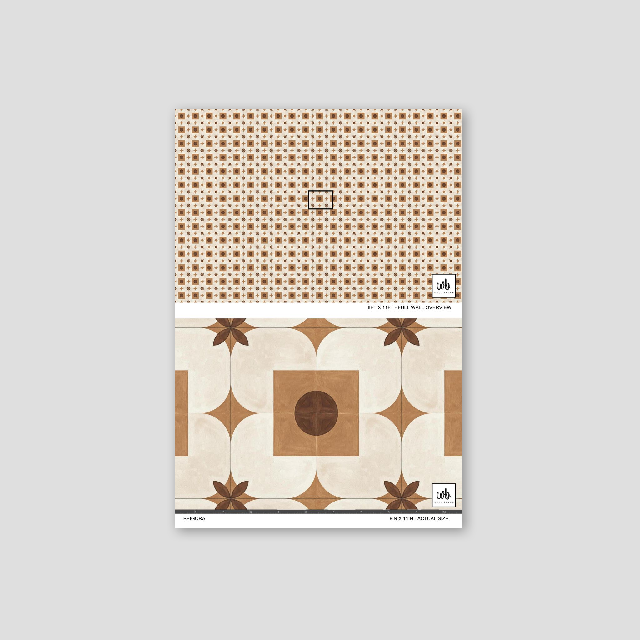 Beigora wallpaper with terracotta and cream geometric pattern.