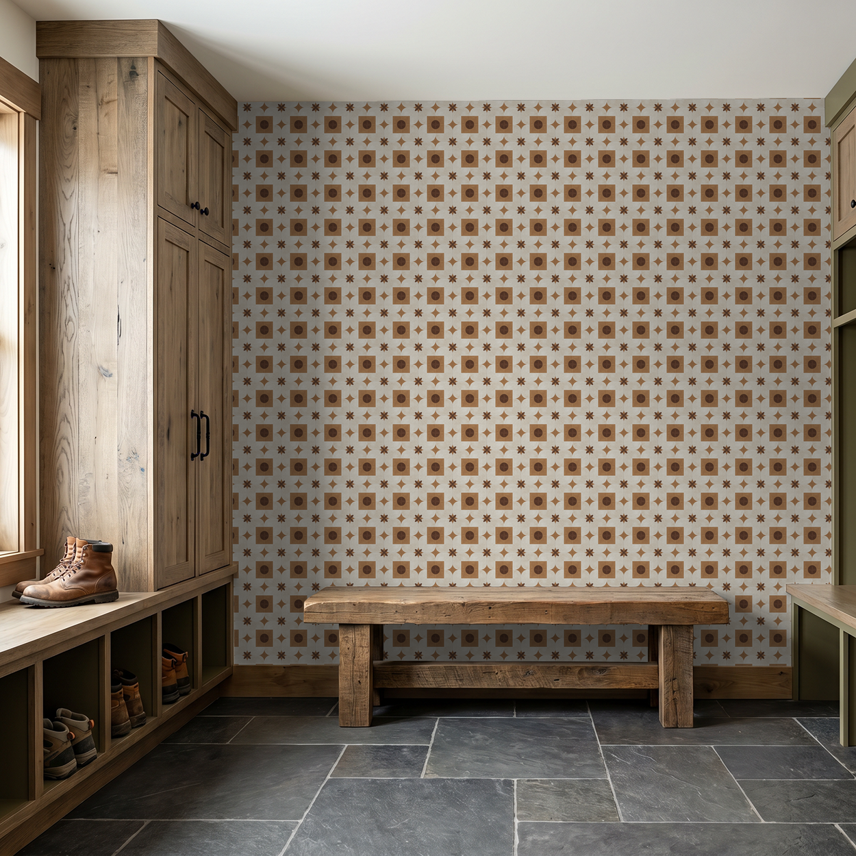Beigora terracotta geometric wallpaper in rustic entryway with wooden bench.
