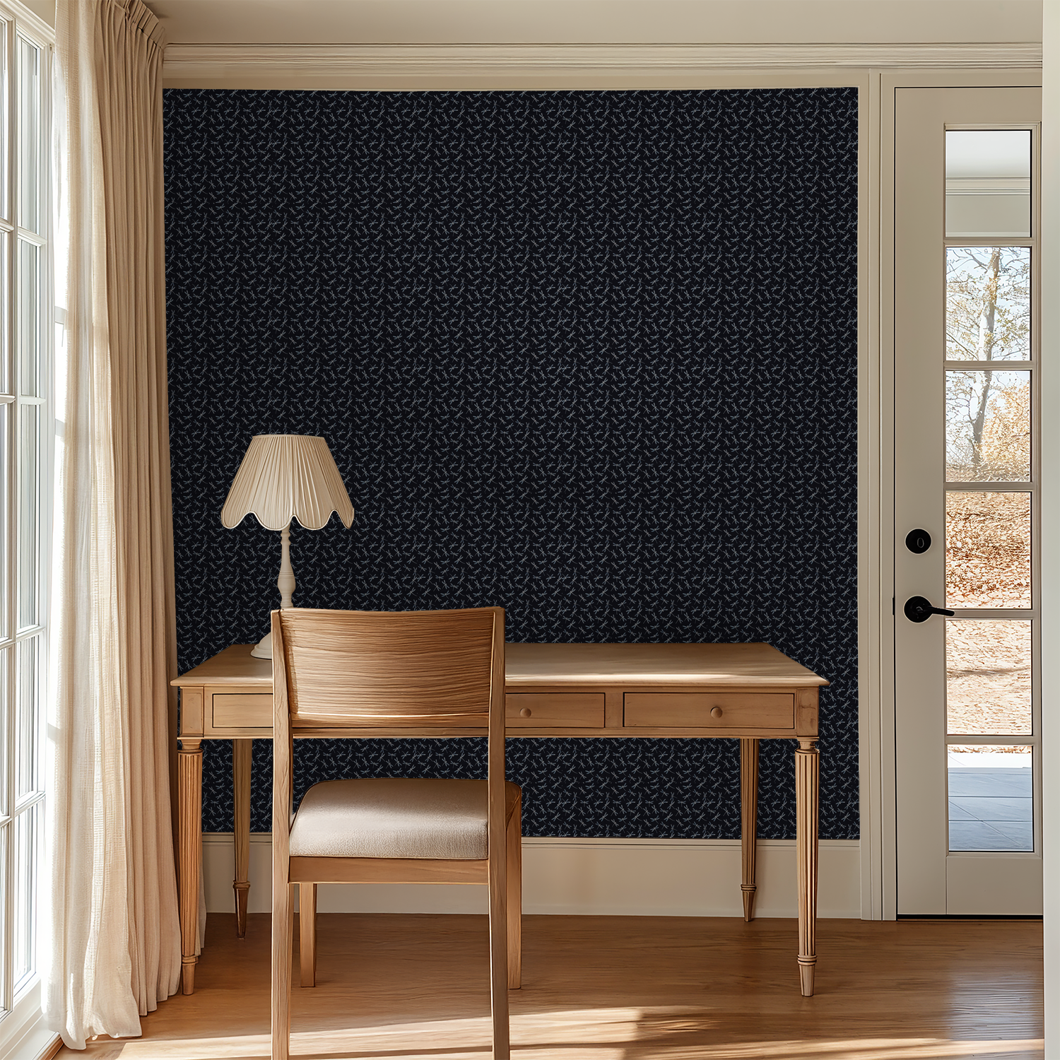 Black dragonfly pattern wallpaper in elegant home office setting.