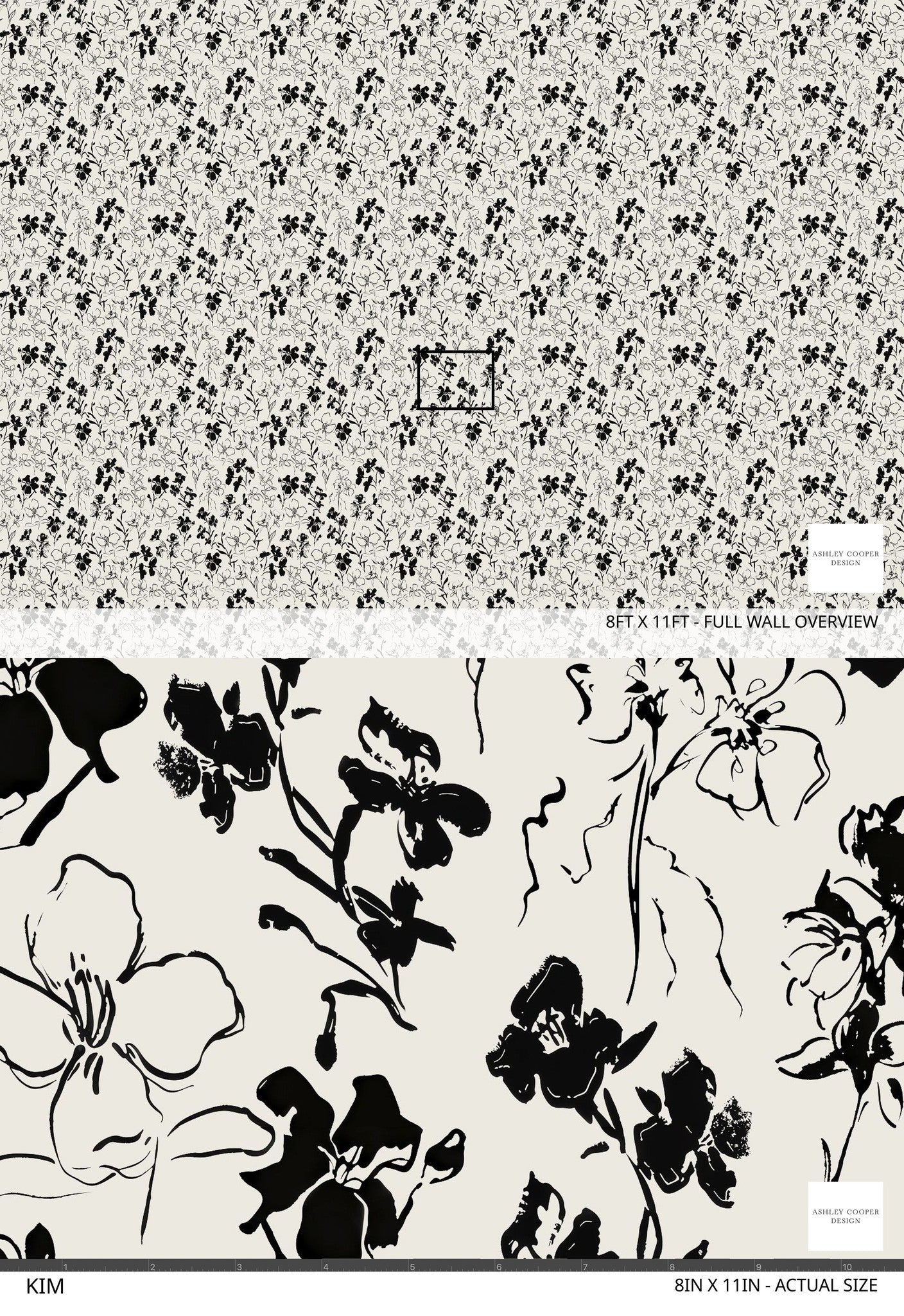 Black floral pattern on neutral background wallpaper design sample.