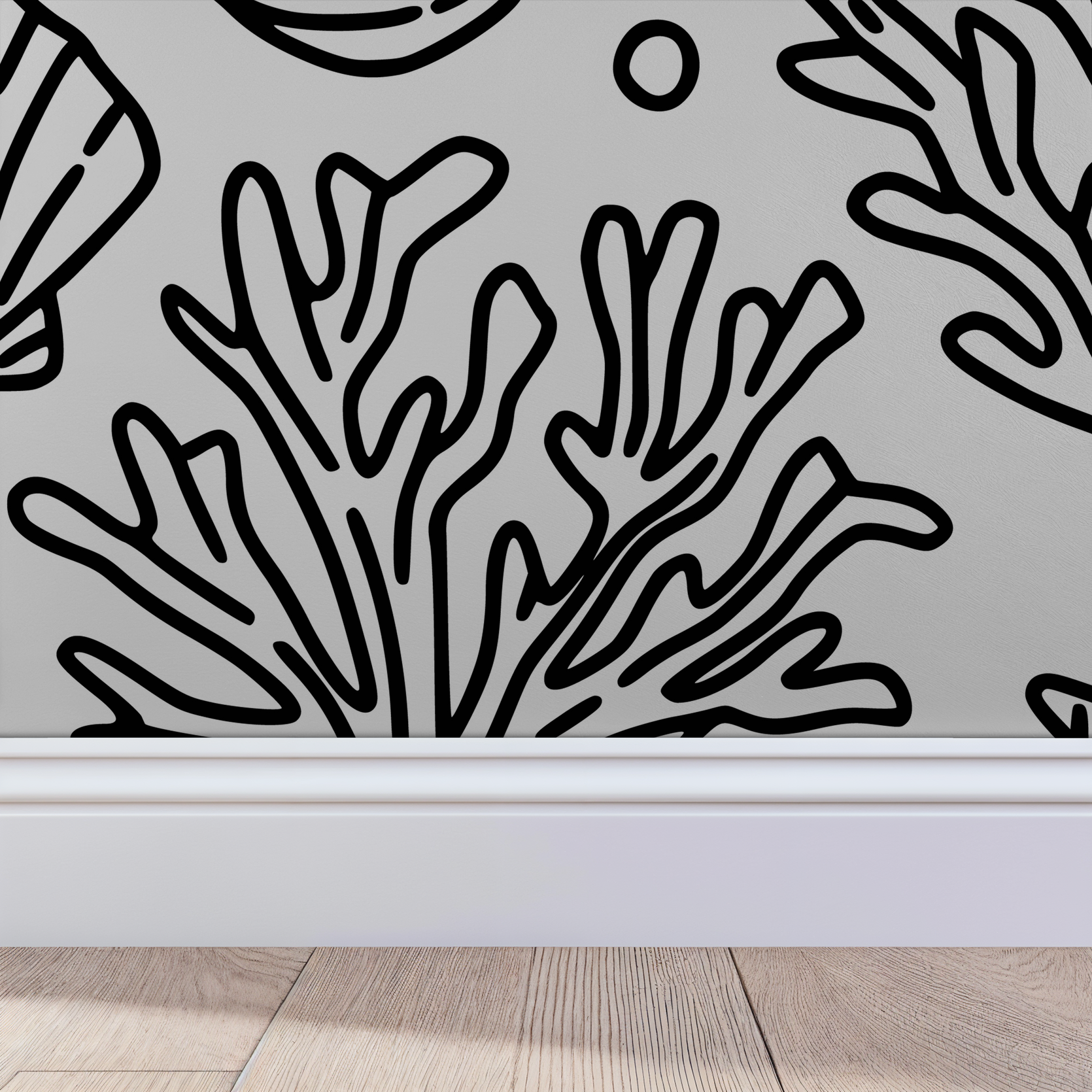 Black and white coastal wallpaper with marine motifs and coral patterns.