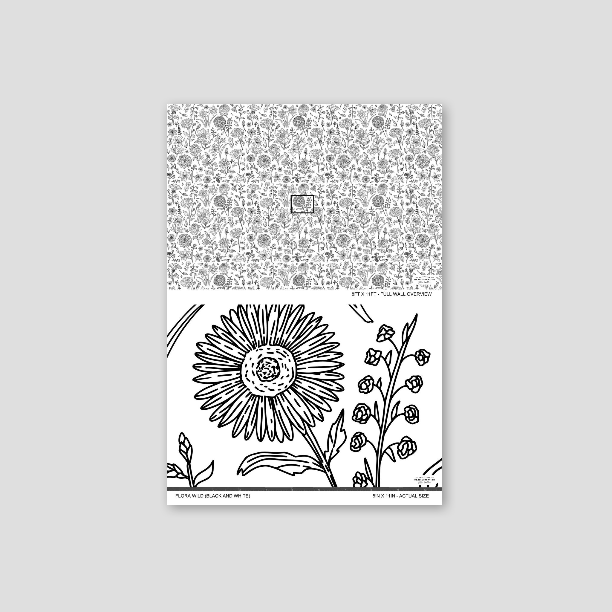 Black and white floral wallpaper with intricate garden pattern