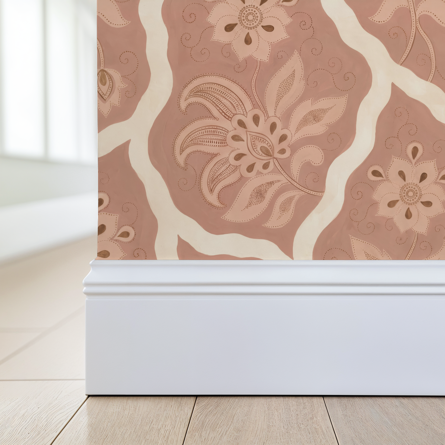 Bloomington blush floral wallpaper with cream accents in a room setting