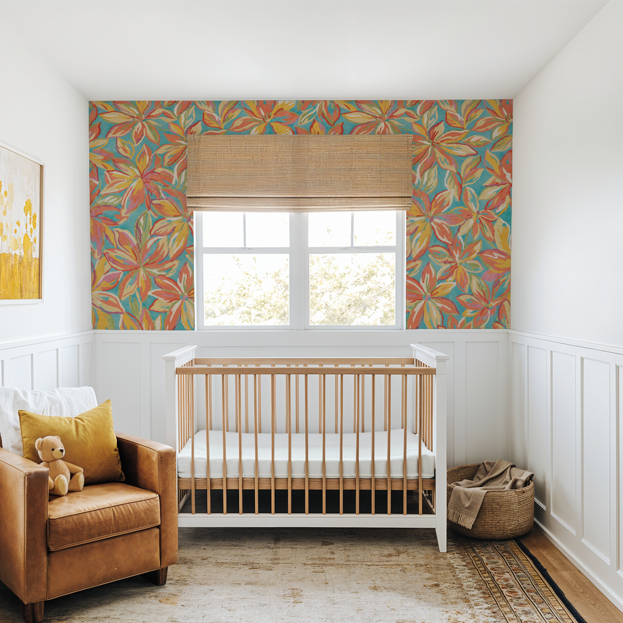 Nursery with vibrant aqua floral wallpaper, crib, and cozy armchair.