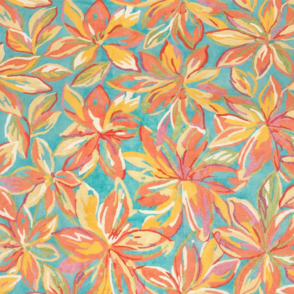 Vibrant floral wallpaper with coral, peach, and yellow flowers on aqua background.
