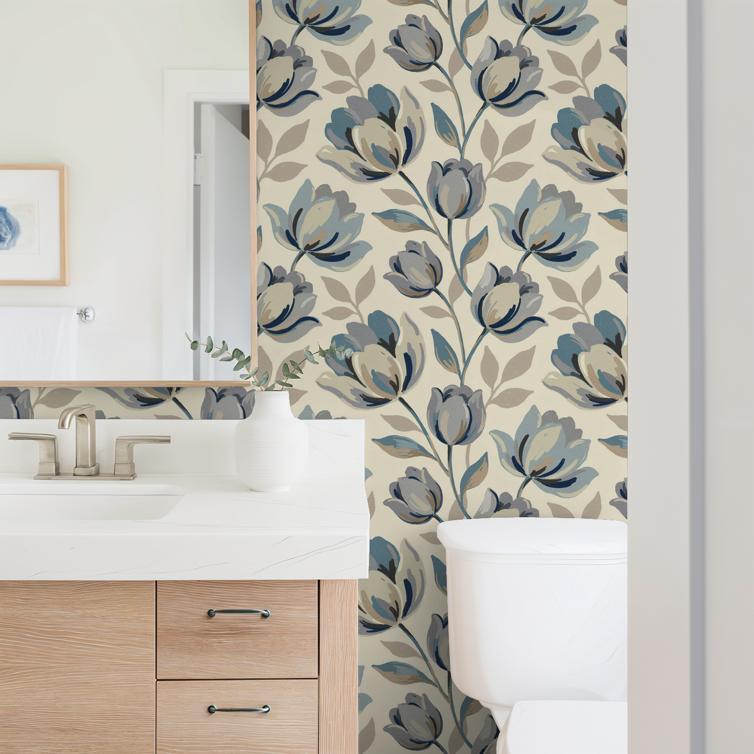 Bathroom with Bloomsbury floral wallpaper in muted blues and grays on cream backdrop.