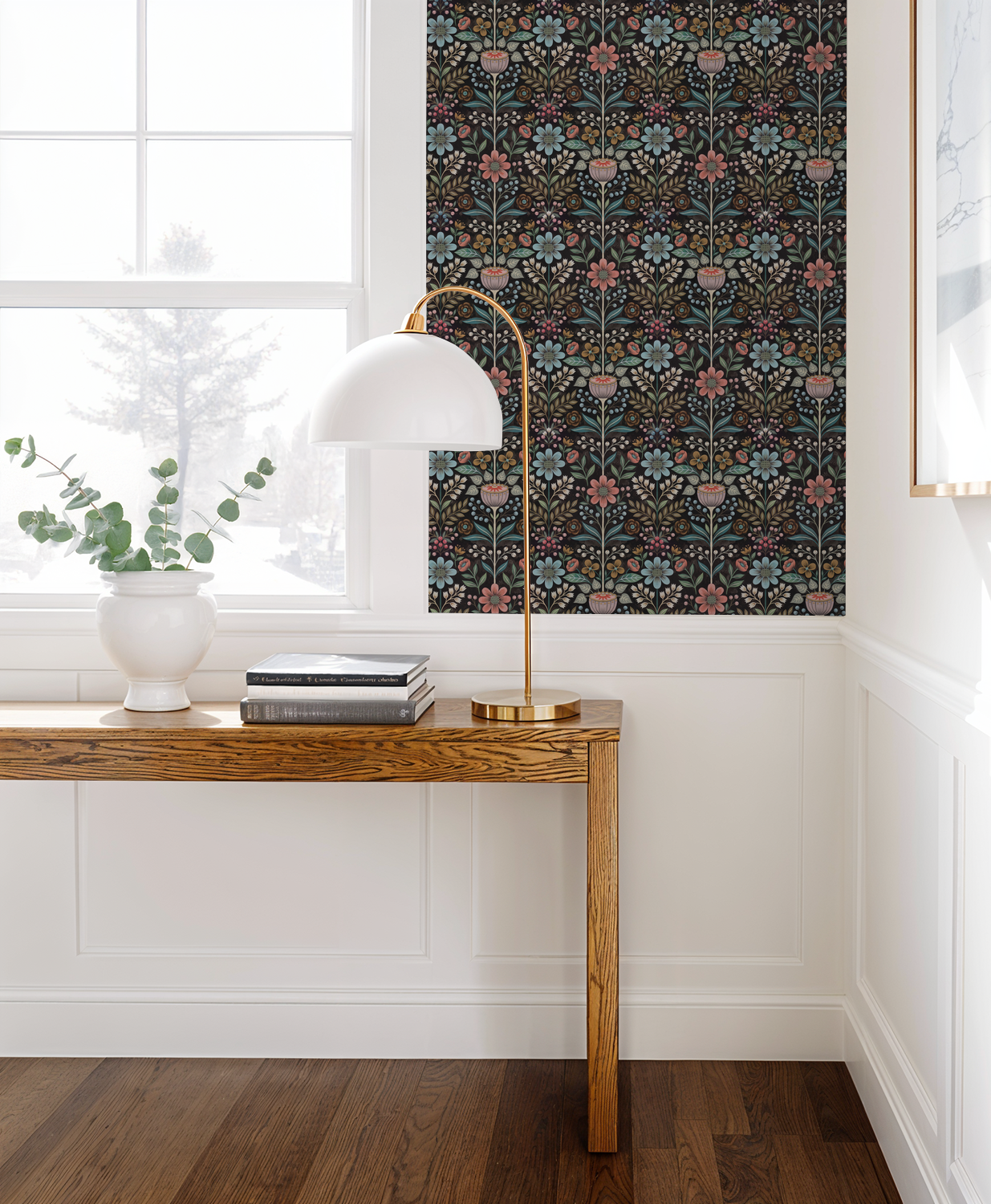 Bloomshire floral wallpaper with pink, blue flowers on black in elegant room